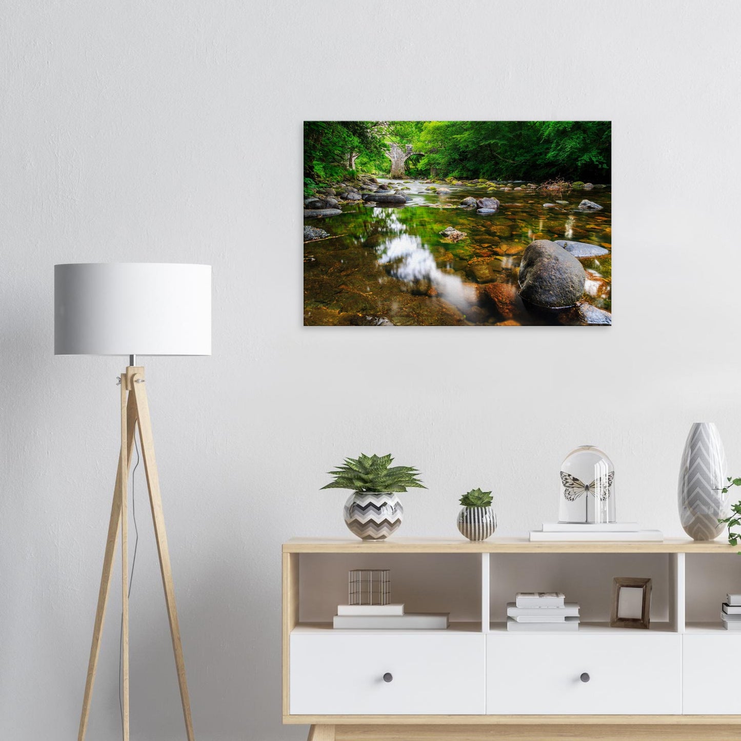 Scenic canvas print of Dartmoor’s waterways featuring peaceful flow beneath an ancient bridge