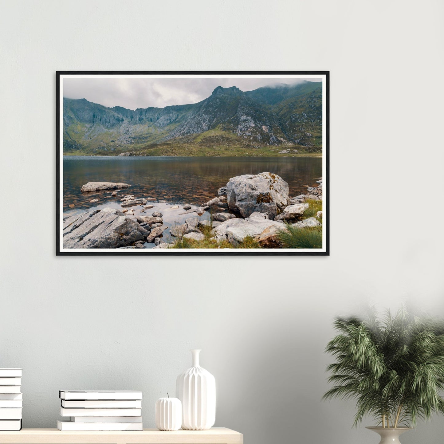 Serene framed landscape print of Llyn Idwal in Wales