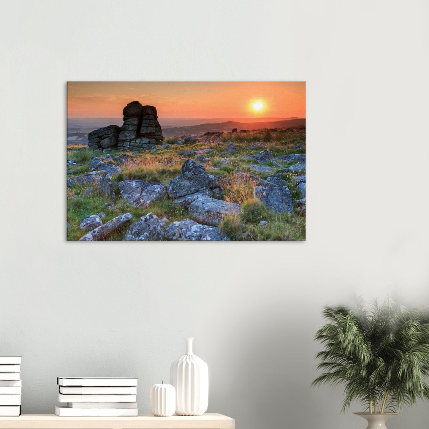 Canvas print of Leeden Tor at sunset showing majestic granite outcrop bathed in golden light