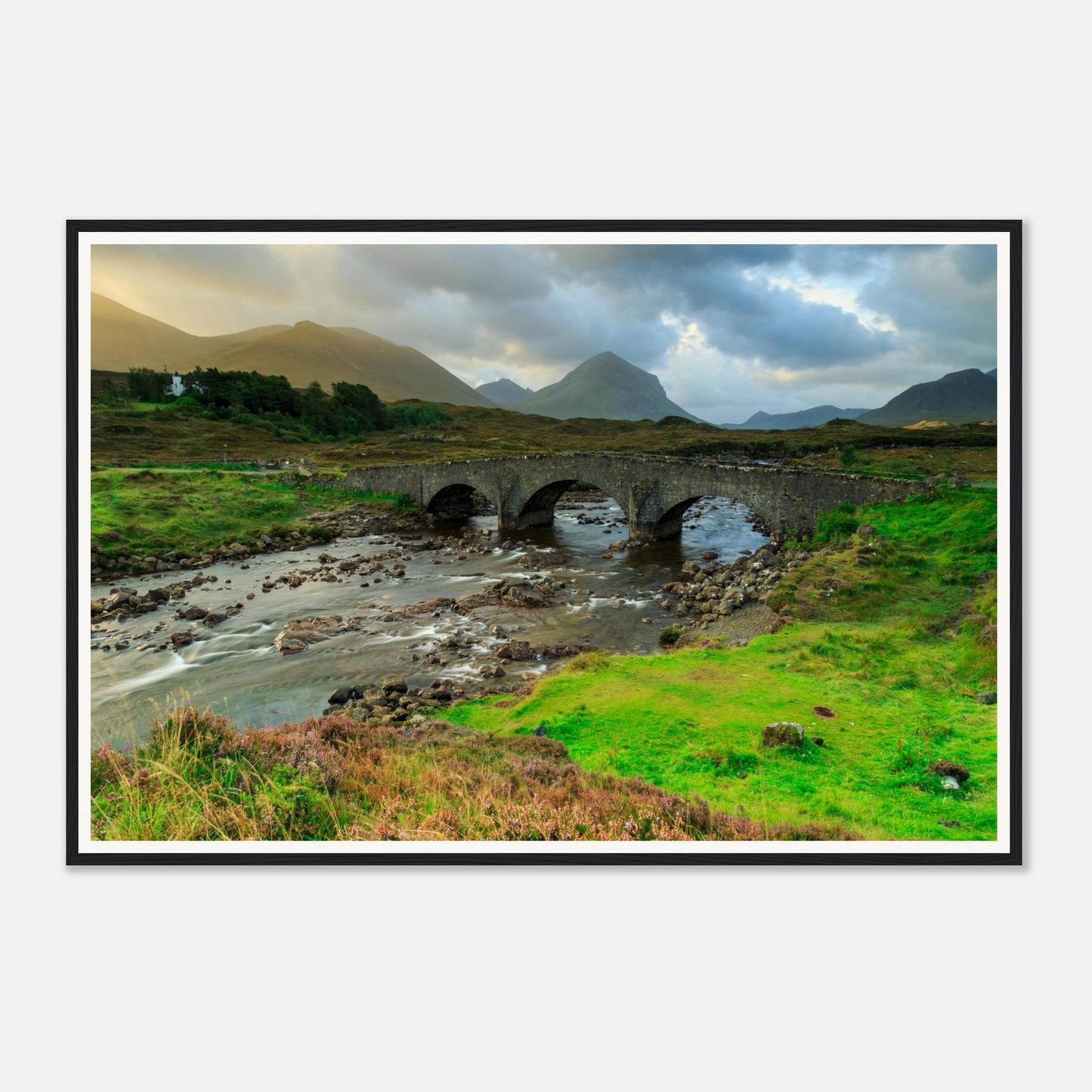Ancient stone bridge with arches at Sligachan framed wall art