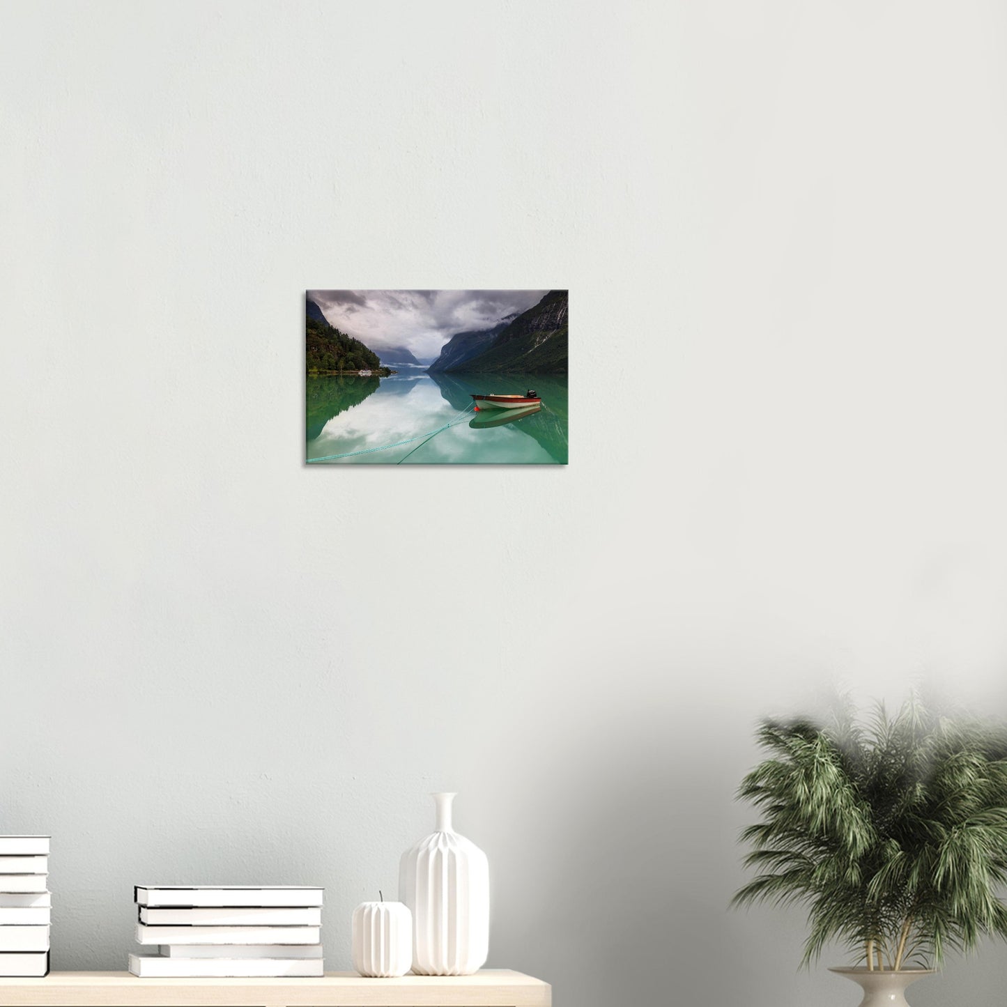 Serene canvas art of Lovatnet Lake with emerald waters and solitary boat.