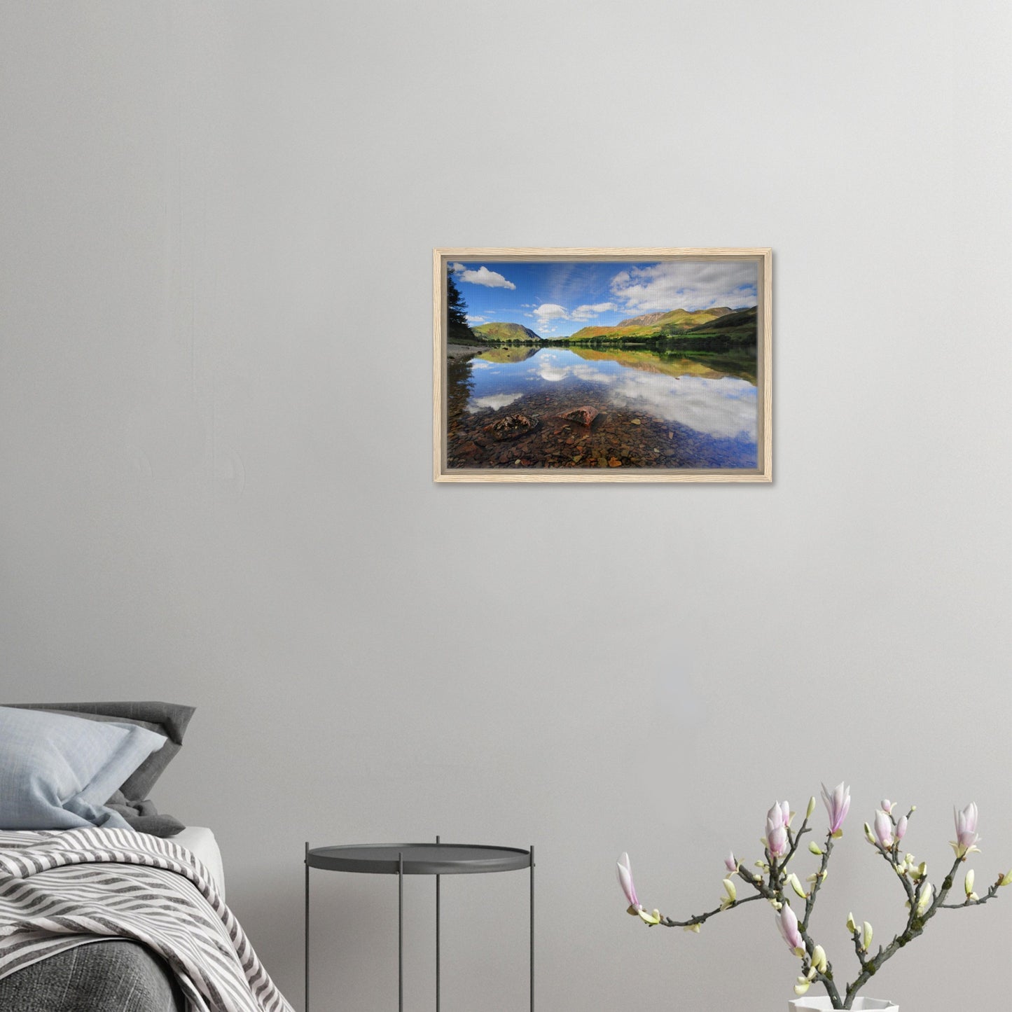Framed canvas of Buttermere Lake with still fells and sky