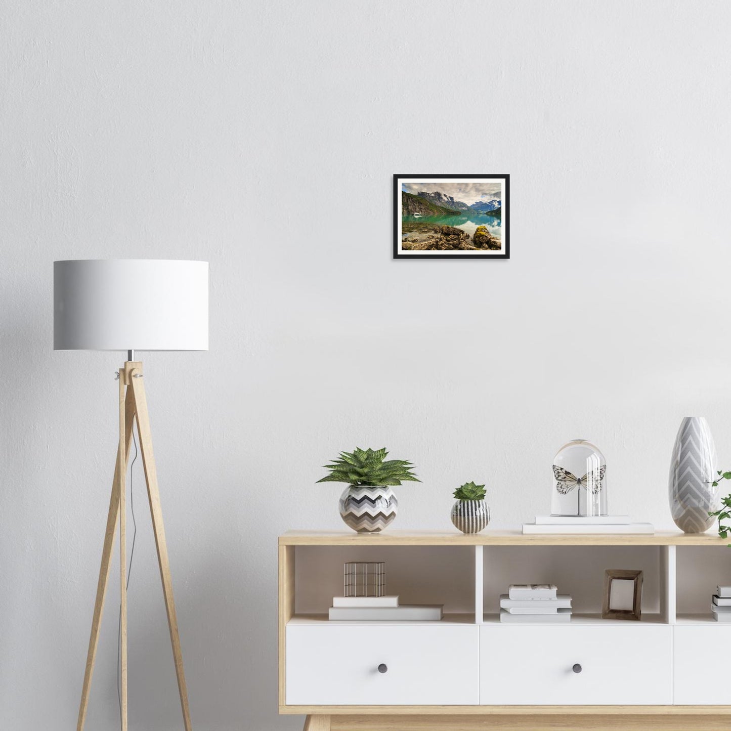 Serene framed print of Strynevatnet Lake Norway with boat