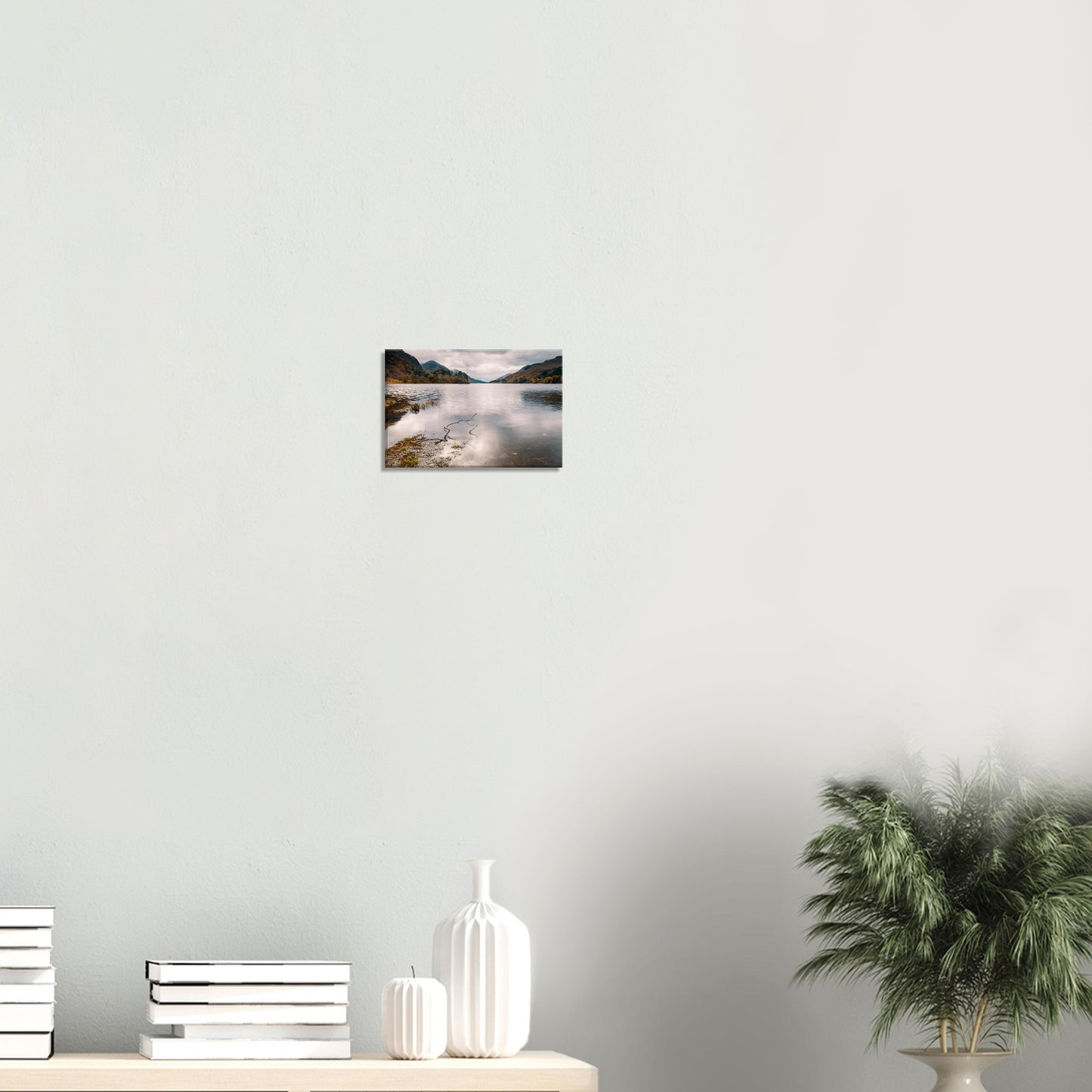 Tranquil Scottish loch reflection in atmospheric canvas print