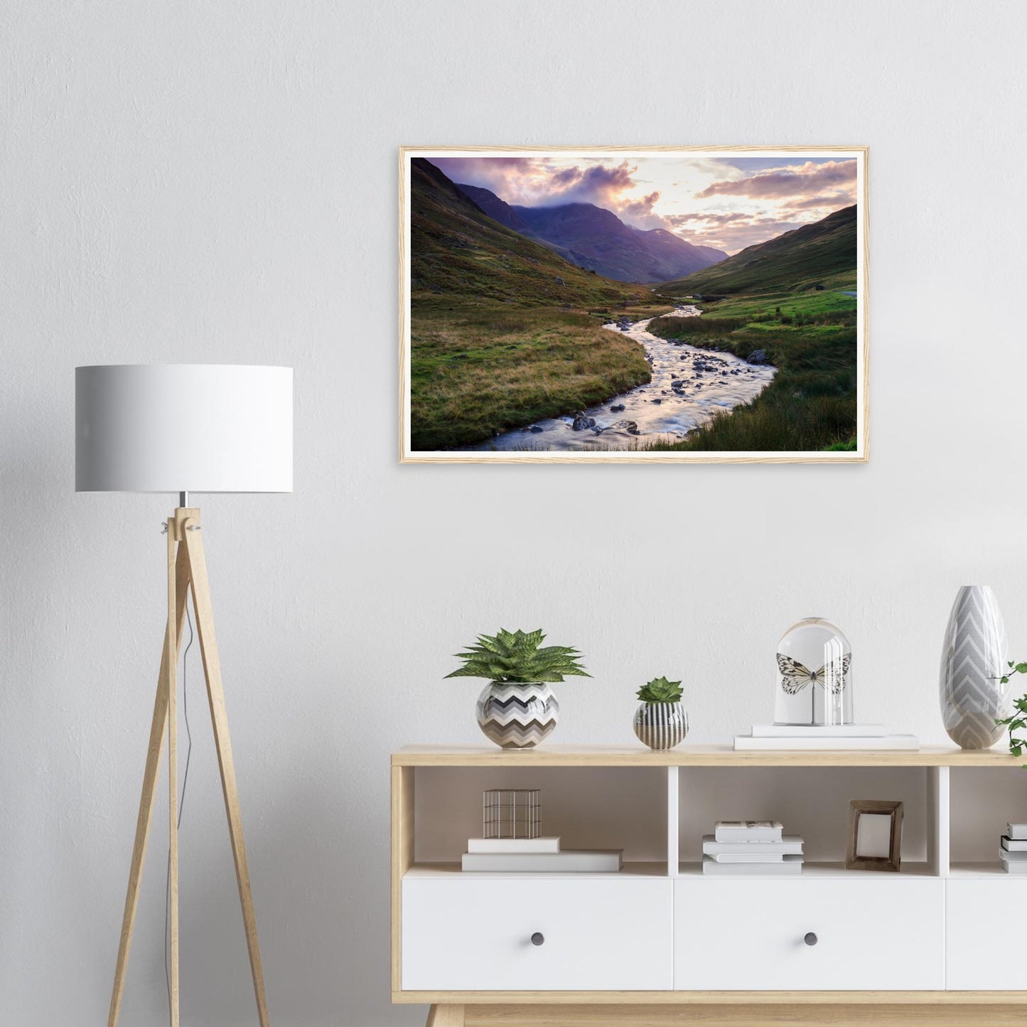 Framed print of Honister Pass mountains highlighted by golden rays