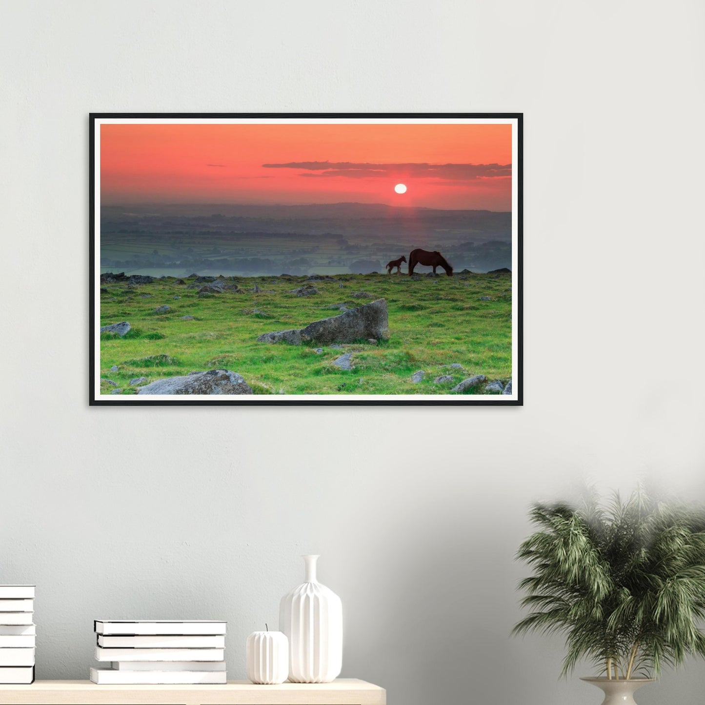 Framed landscape print of Dartmoor at twilight with grazing horses