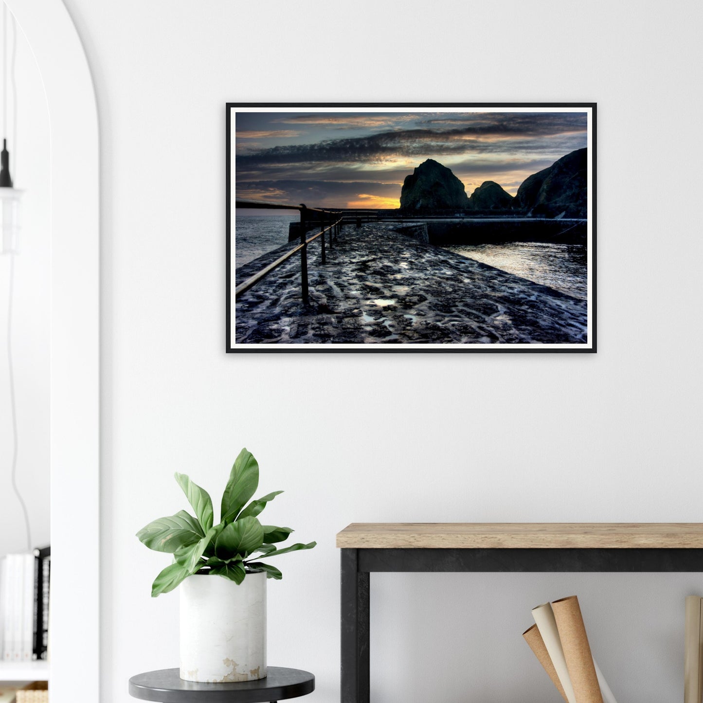 Evening framed print of Mullion Cove with iconic Cornish cliffs