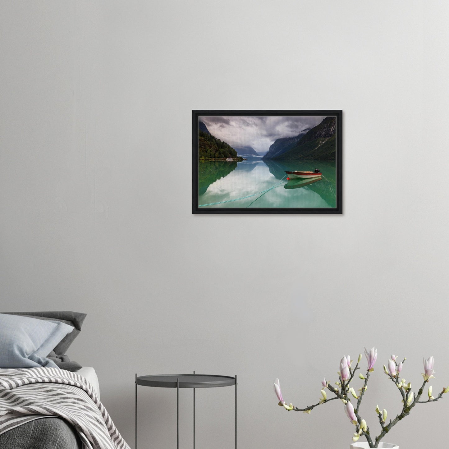 Tranquil water and mountain view of Norway in framed canvas