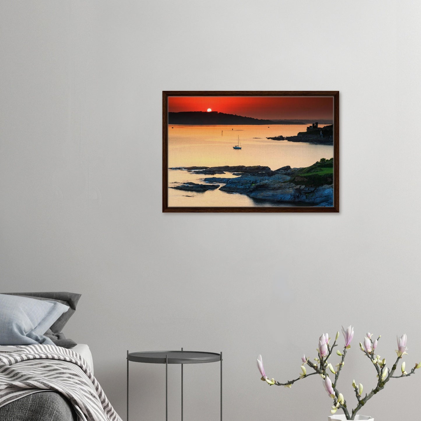 Rugged Devon coastline at dusk in framed seascape print