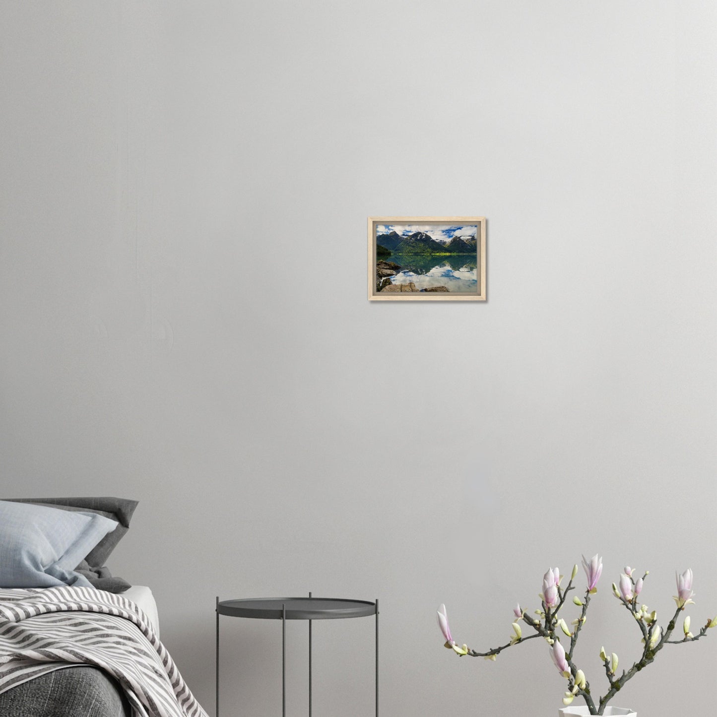 Mountain scenery reflected in Strynevatnet framed canvas