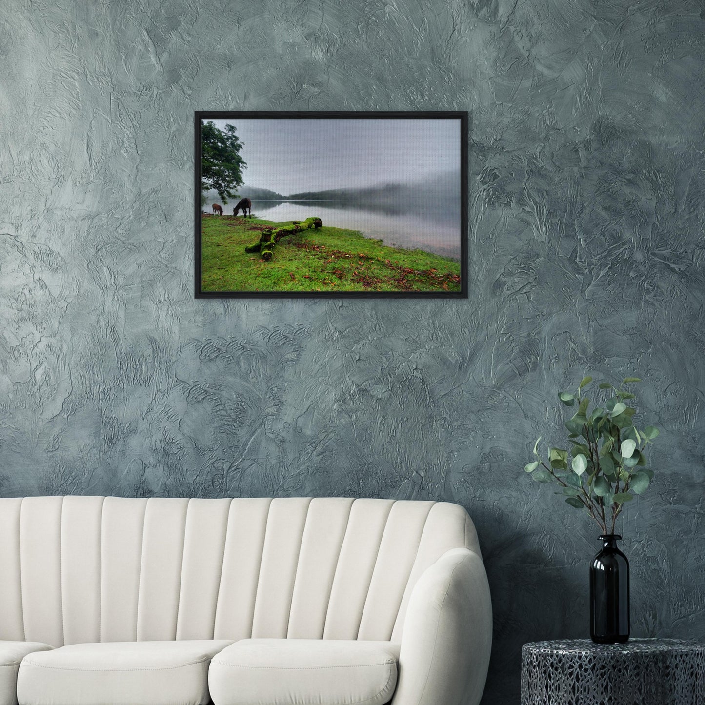 Foggy Dartmoor canvas featuring tranquil water and moorland ponies