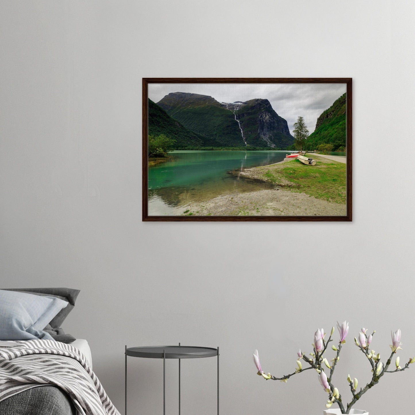 Framed canvas of Norwegian countryside and cascading falls