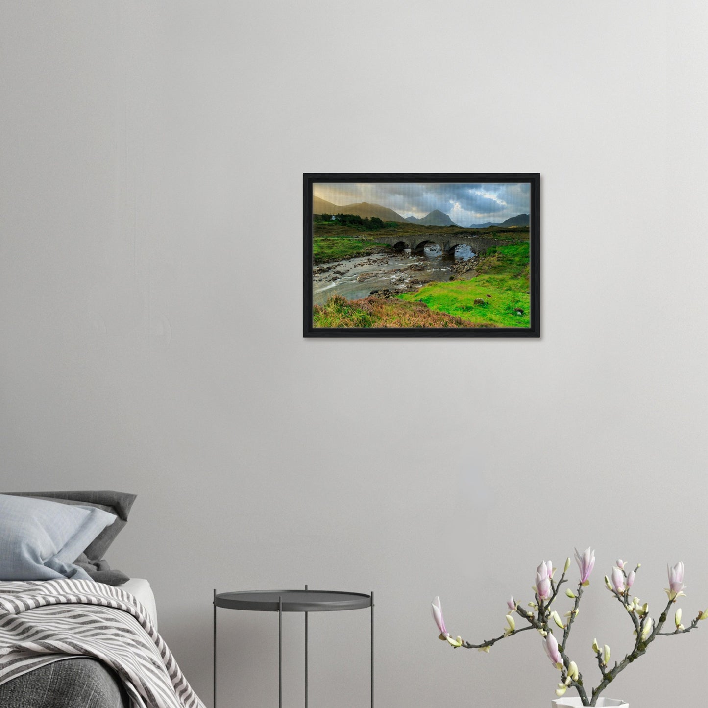 Sligachan framed canvas with heather and dramatic skies