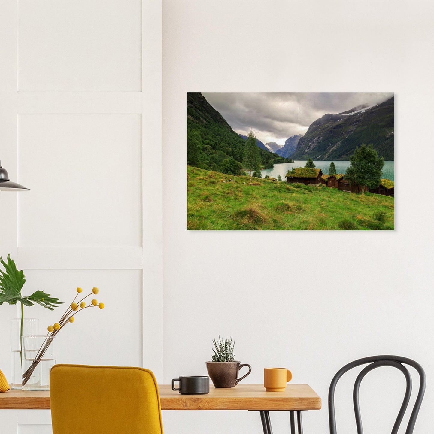 Artistic portrayal of Norway’s Lodalen Valley on canvas, showing turquoise lake, lush green meadows, and majestic mountain cliffs.