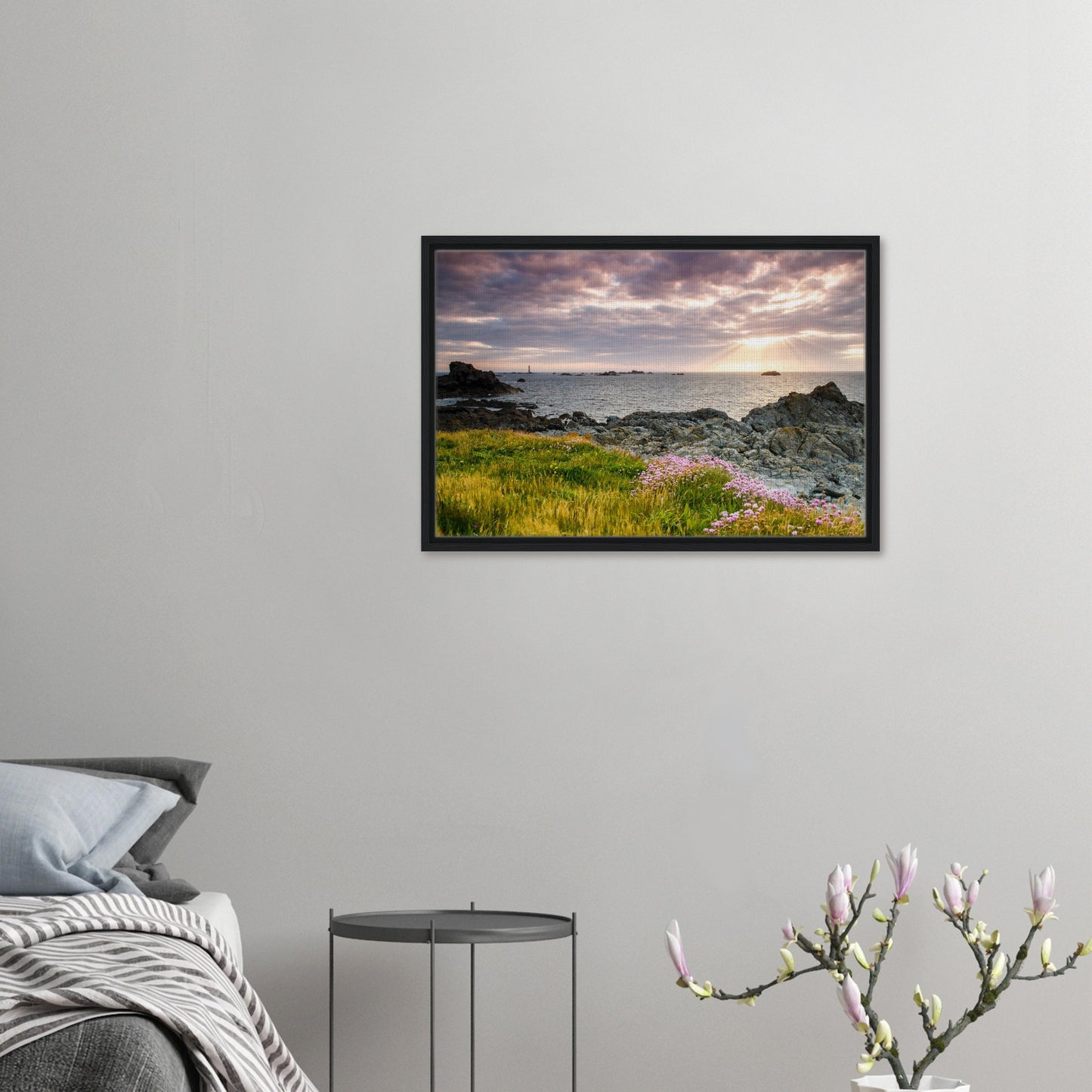 Sunset rays through clouds at Pleinmont Point in framed artwork
