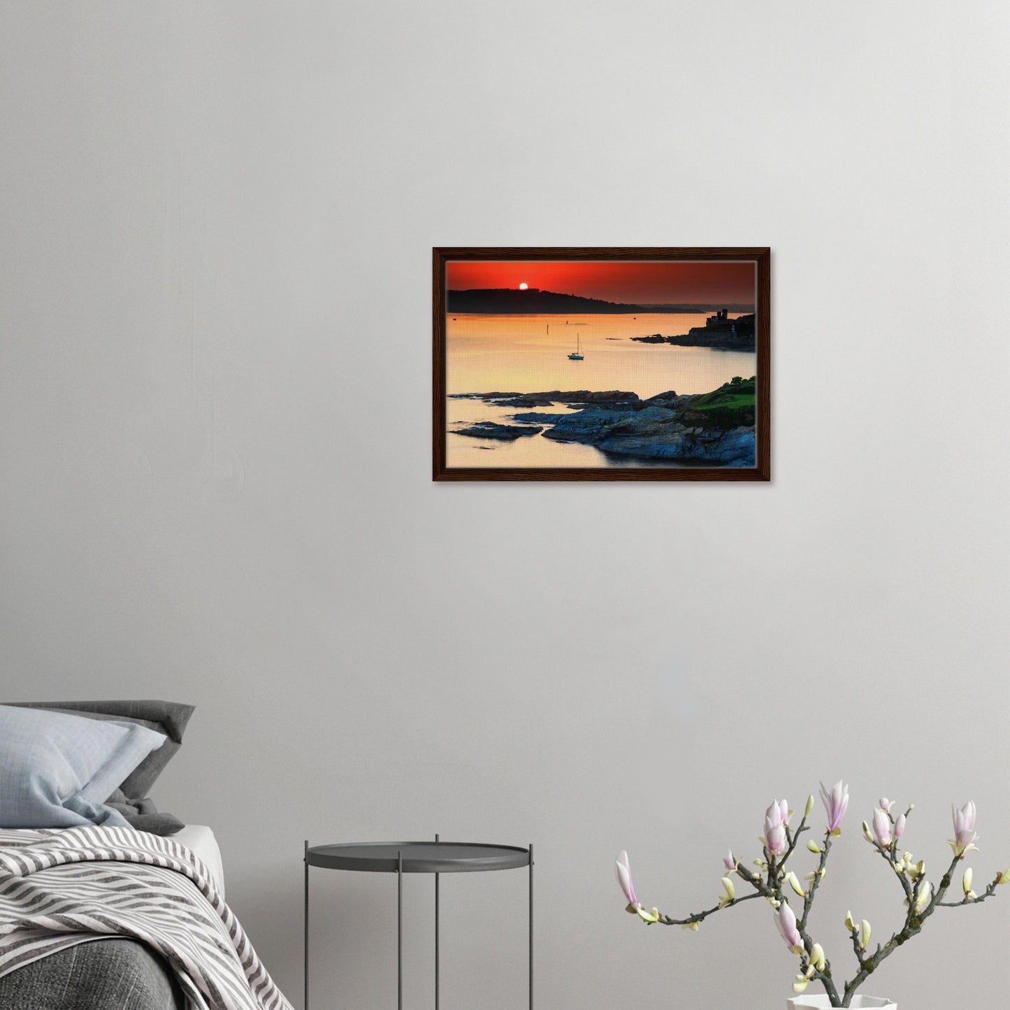 Framed artwork of Plymouth Sound with sunset and sailboat