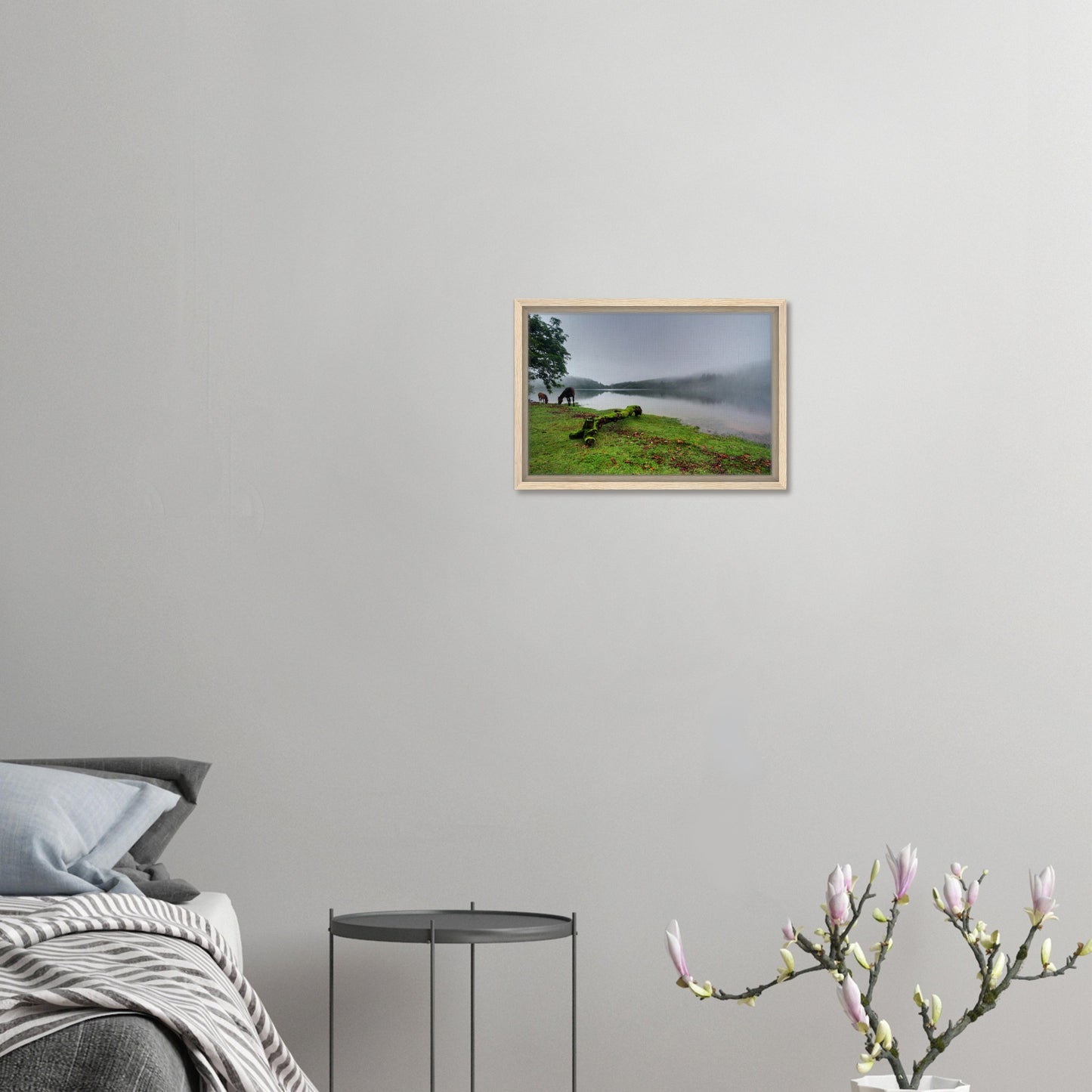 Moss-covered tree and ponies in misty Dartmoor canvas print