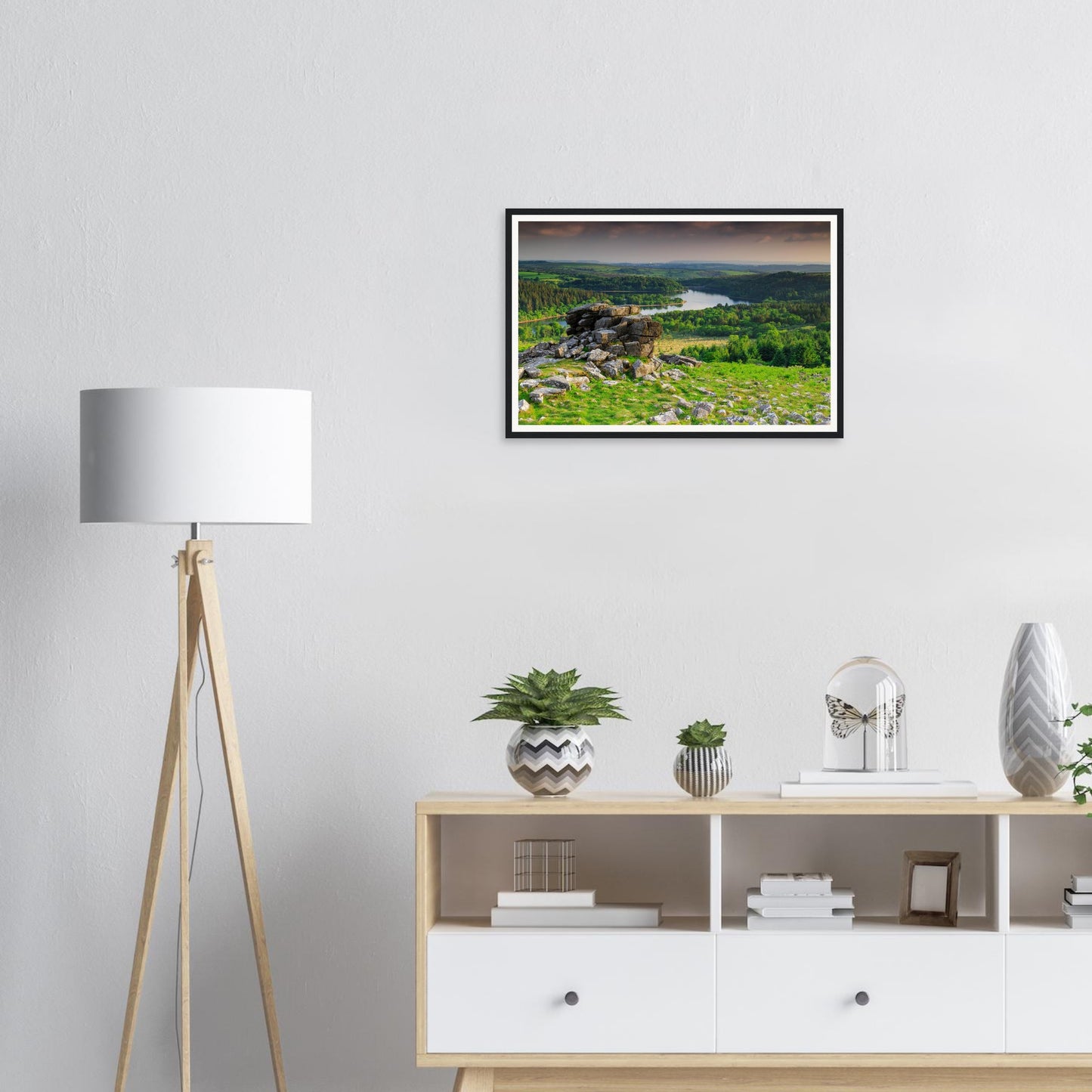 Rolling hills and granite outcrop at Leather Tor framed wall art