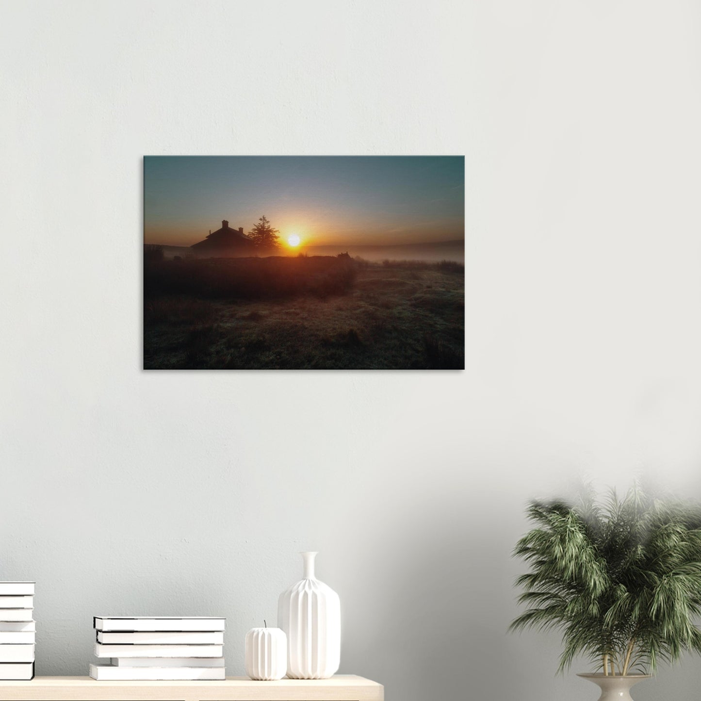 Canvas scene of a peaceful Dartmoor morning with rising sun and farmstead