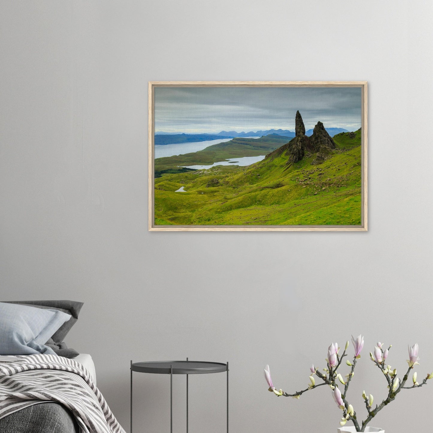 Canvas artwork of towering stone and loch-studded valley