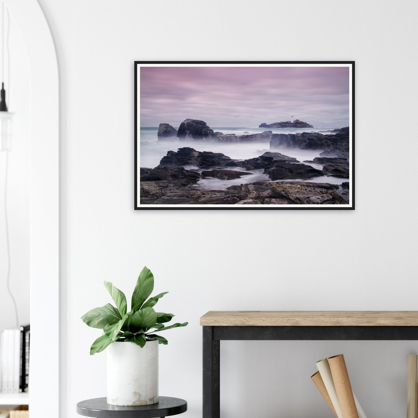 Scenic framed wall art of Cornwall’s Godrevy Lighthouse seascape