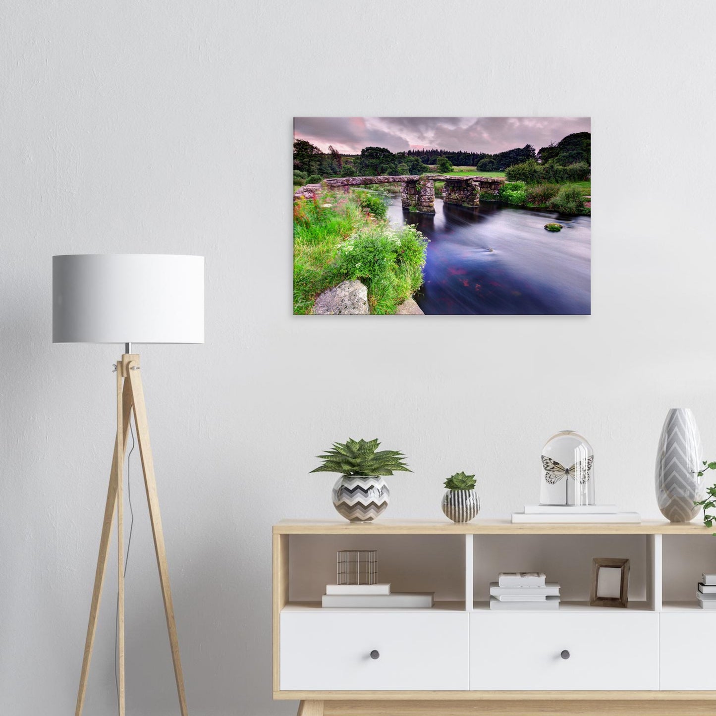 Postbridge Dartmoor river scene with historic stone crossing