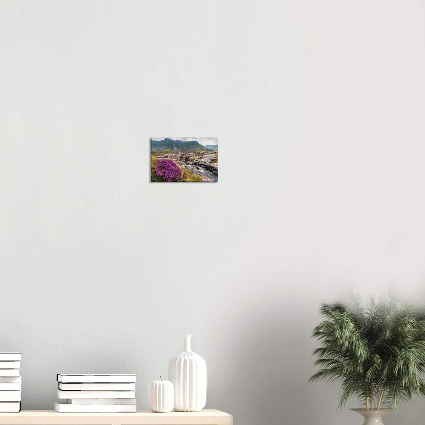 Canvas print of Llyn Idwal with blooming purple wildflowers