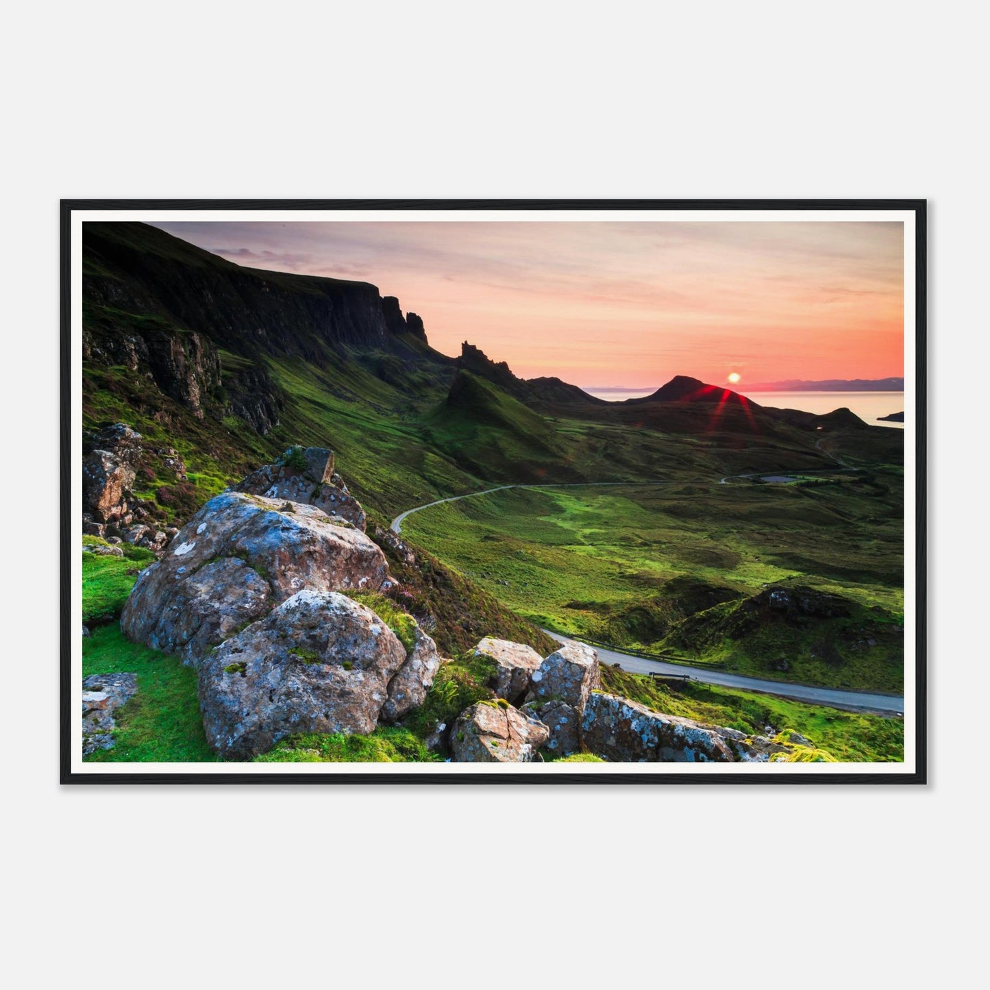Vibrant pink and orange sunset sky over The Quiraing framed art