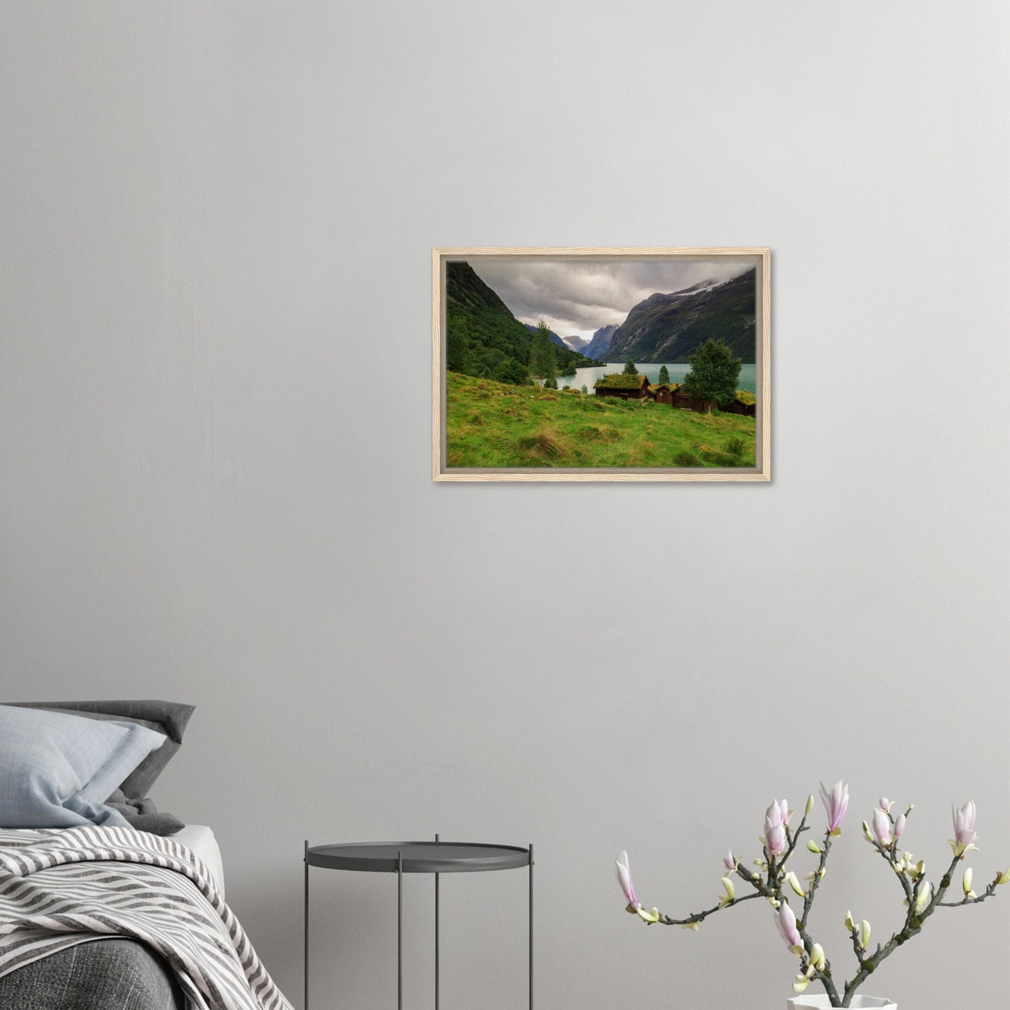 Norway valley with cabins and lake in framed canvas print