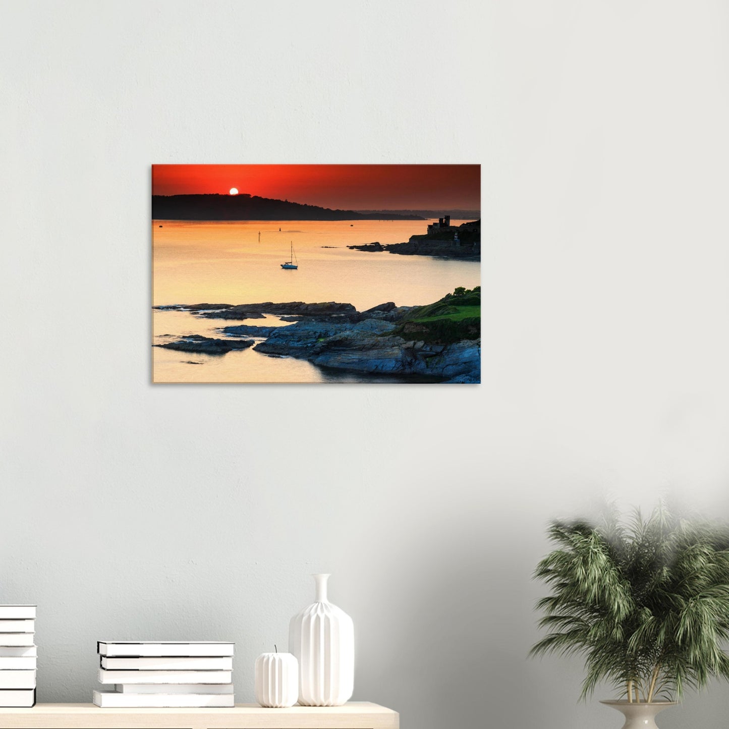 Evening view of Plymouth Sound on canvas, highlighting golden light and maritime charm.