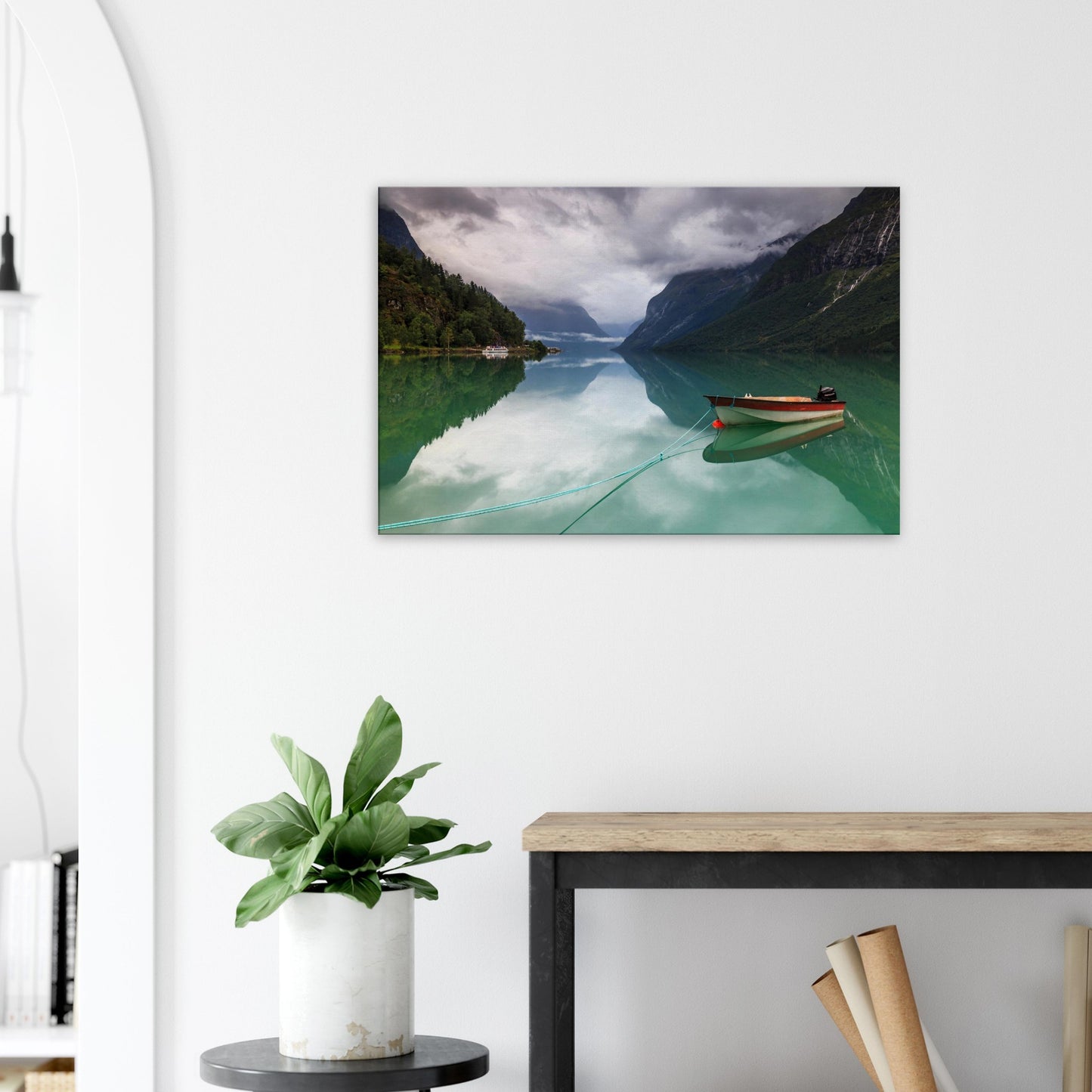 Hauntingly beautiful Lovatnet Lake scene with boat and misty mountains, canvas print.