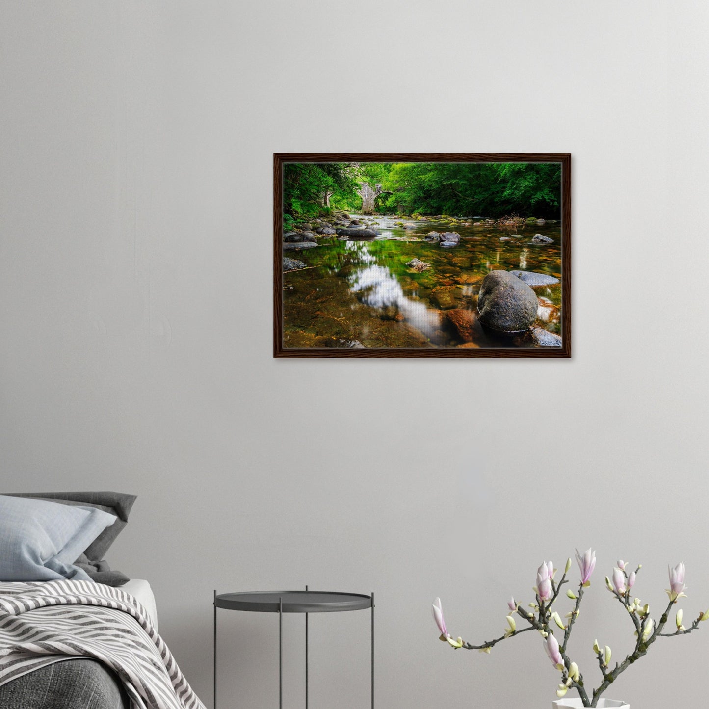 Calm Dartmoor river scene with historic Newbridge