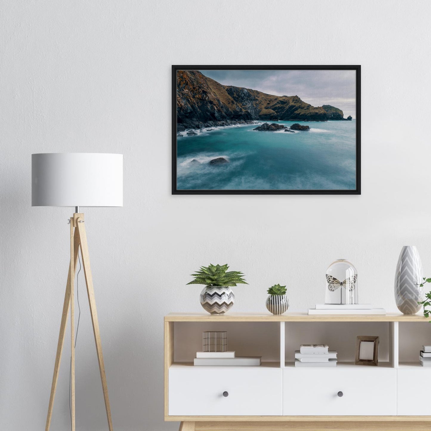 Tranquil coastal print with misty sea and cliffs
