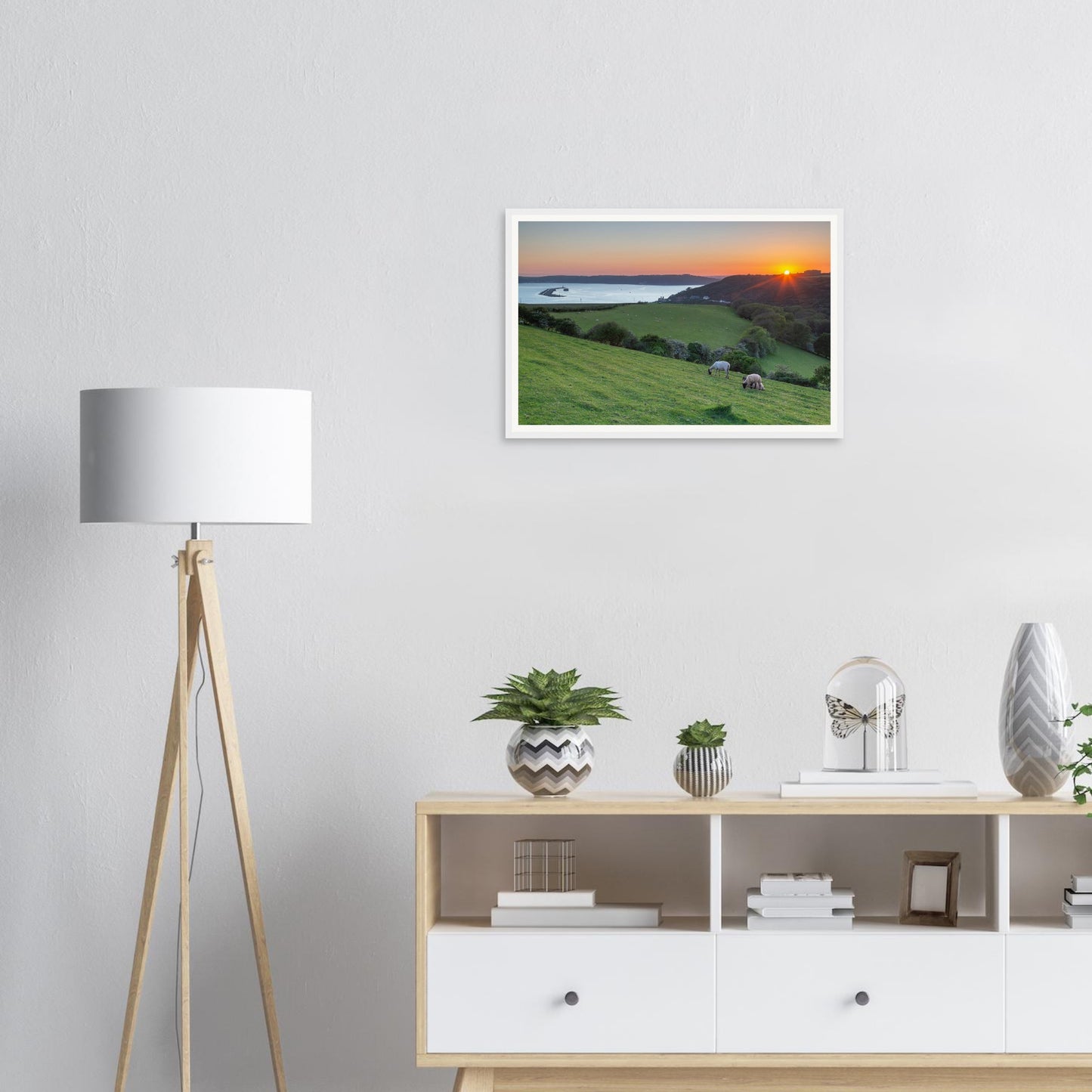 Framed print of Plymouth Sound evening vessels and orange sky
