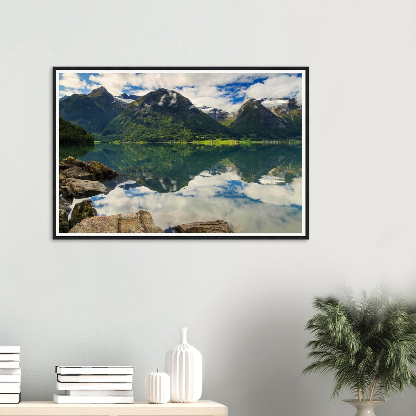 Foreground rocks and reflections in Strynevatnet framed print