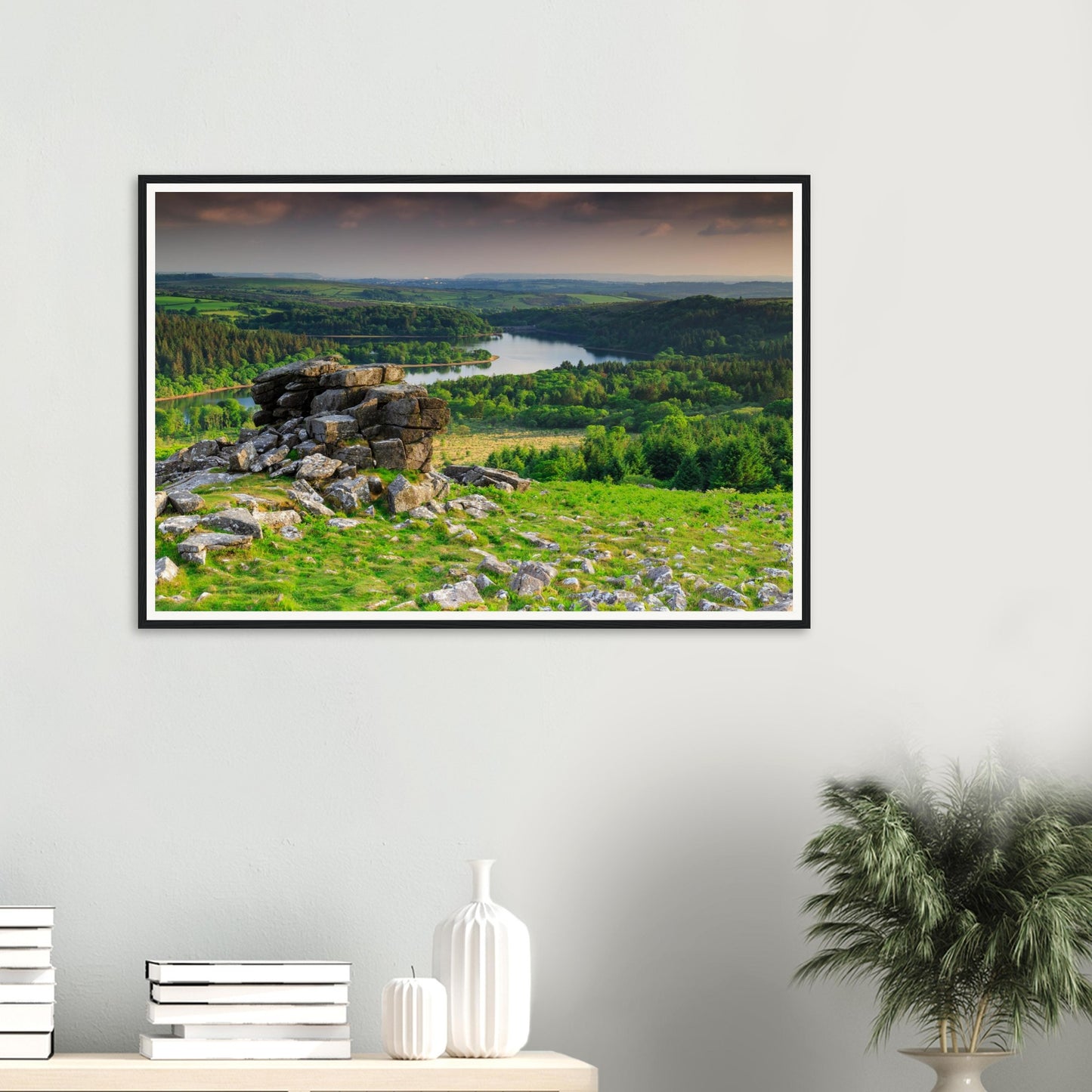 Scenic Burrator Reservoir landscape framed print with Leather Tor