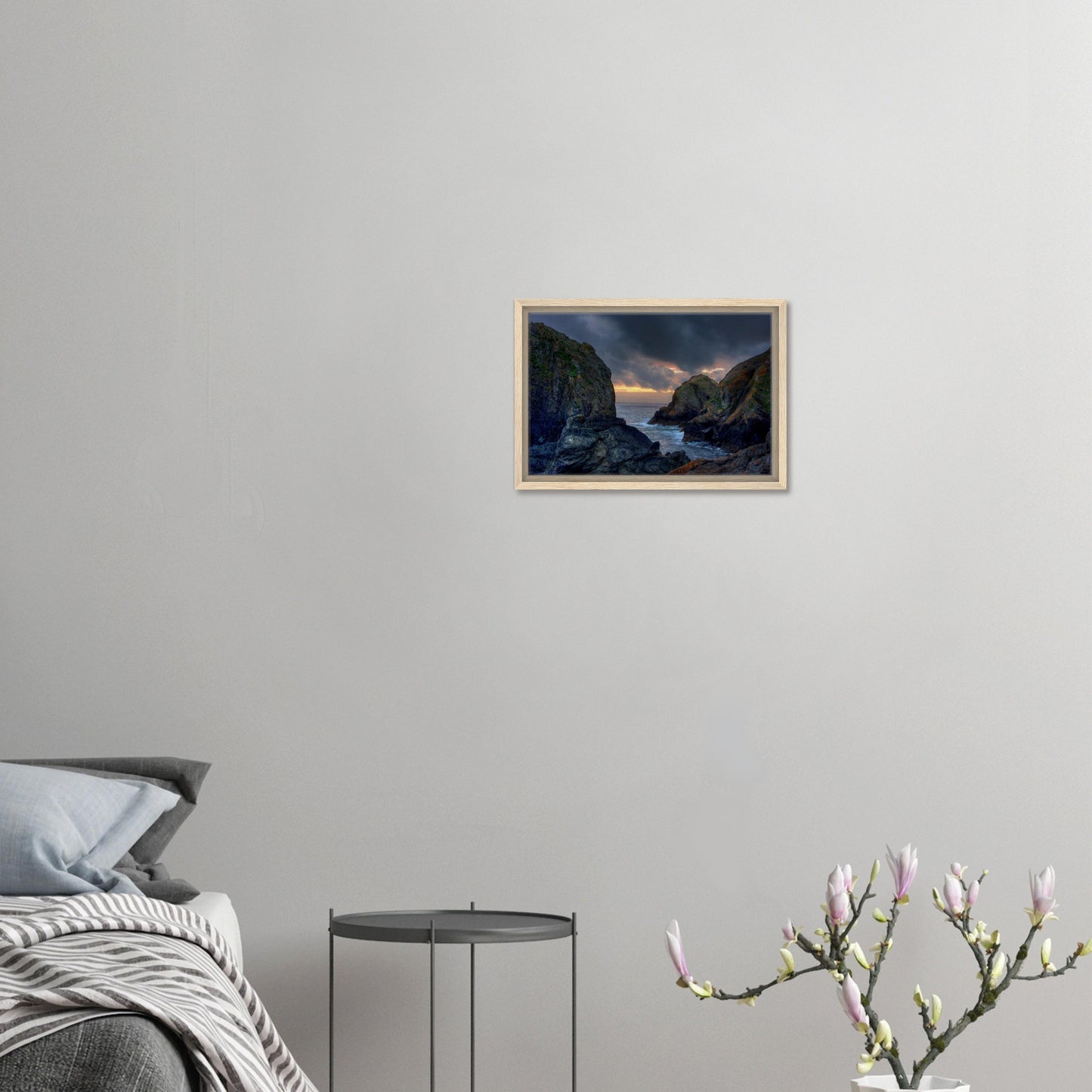 Framed artwork of Cornwall’s wild coastline at twilight