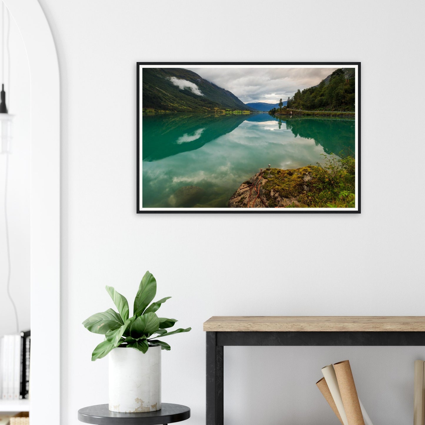Moss-covered rock pointing into Oldevatnet Lake framed print
