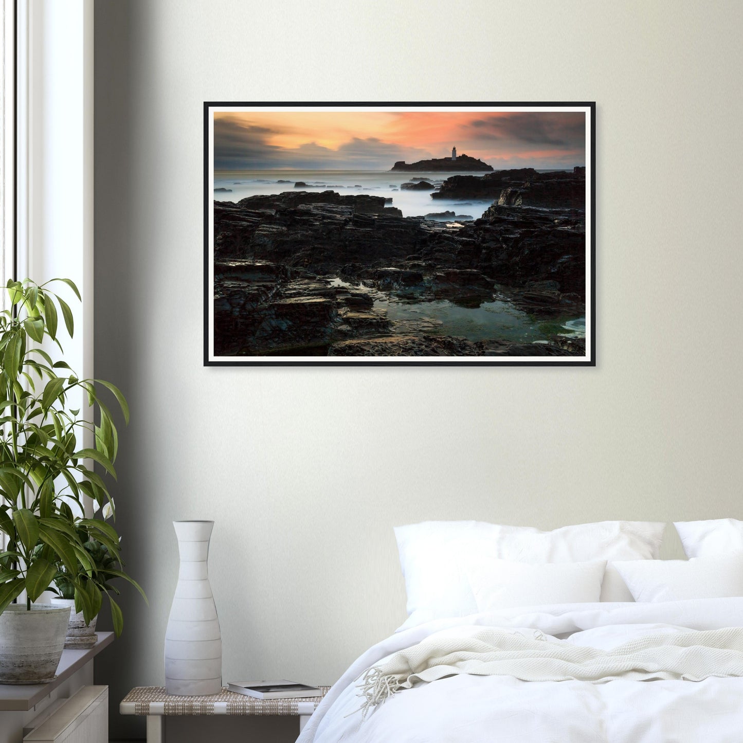 Scenic wall art of Godrevy Lighthouse illuminated by setting sun