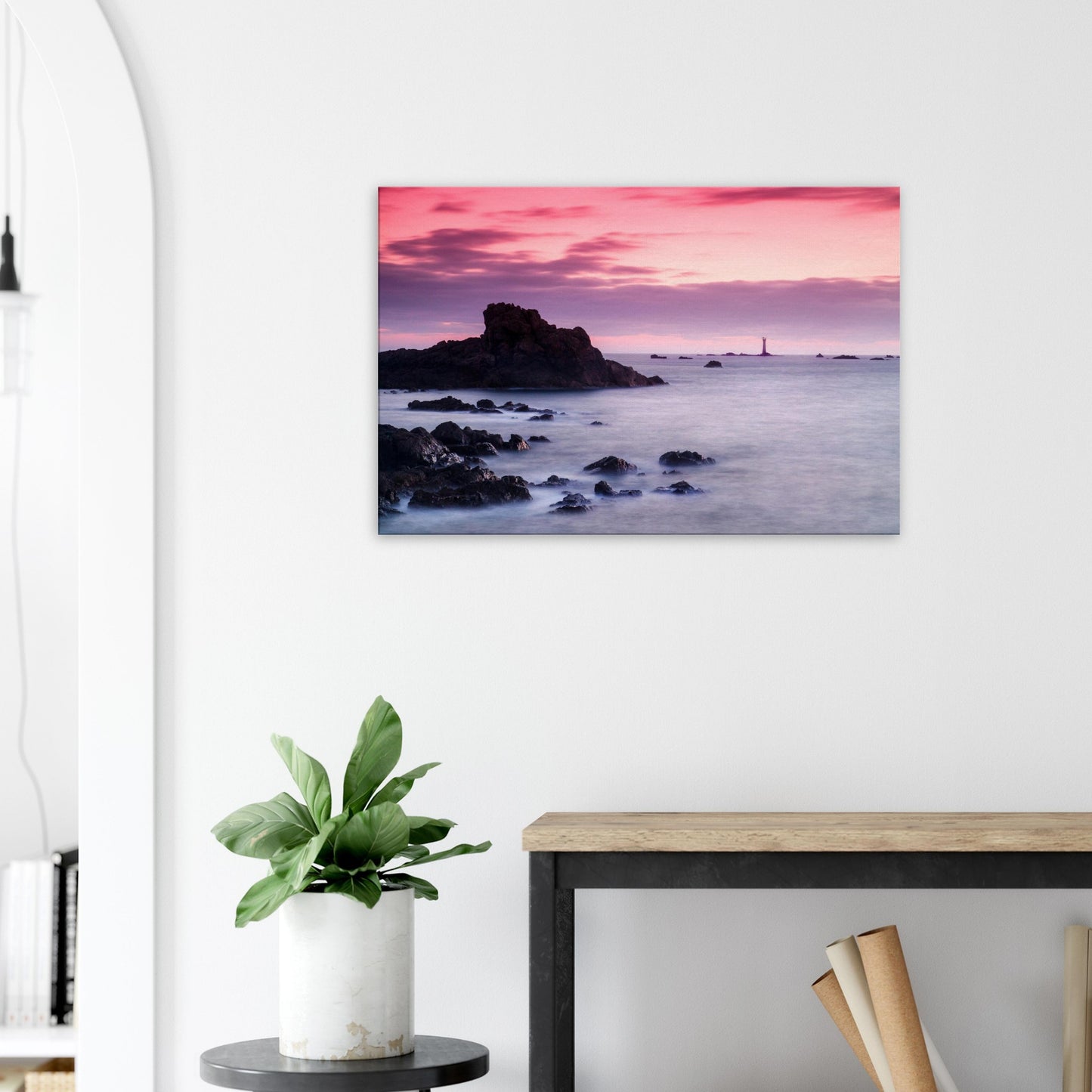 Romantic seascape canvas of Guernsey’s lighthouse at dusk, set against the vivid afterglow of a pastel sunset.