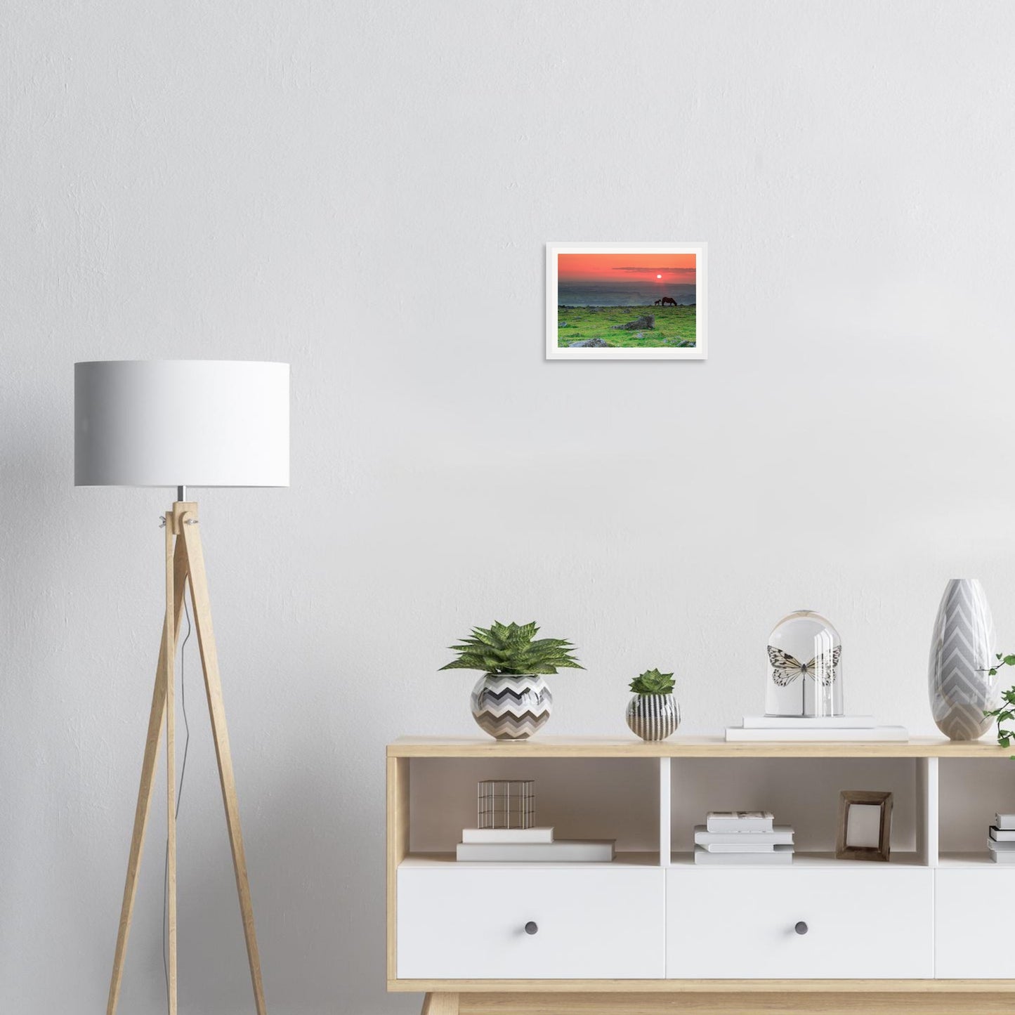 Sunset framed wall art of Dartmoor moors with grazing horses