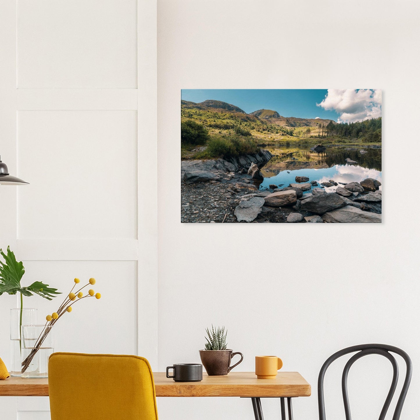 Shoreline rocks and mirrored sky in tranquil lake print