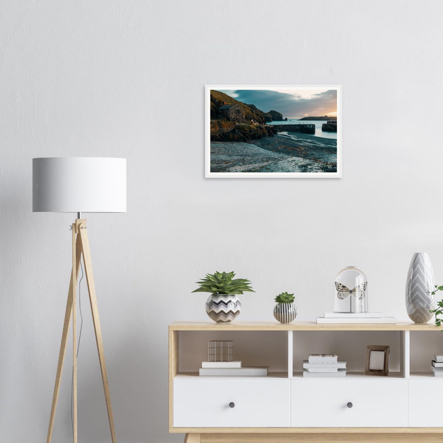 Long exposure framed print of Mullion Cove calm sea Cornwall