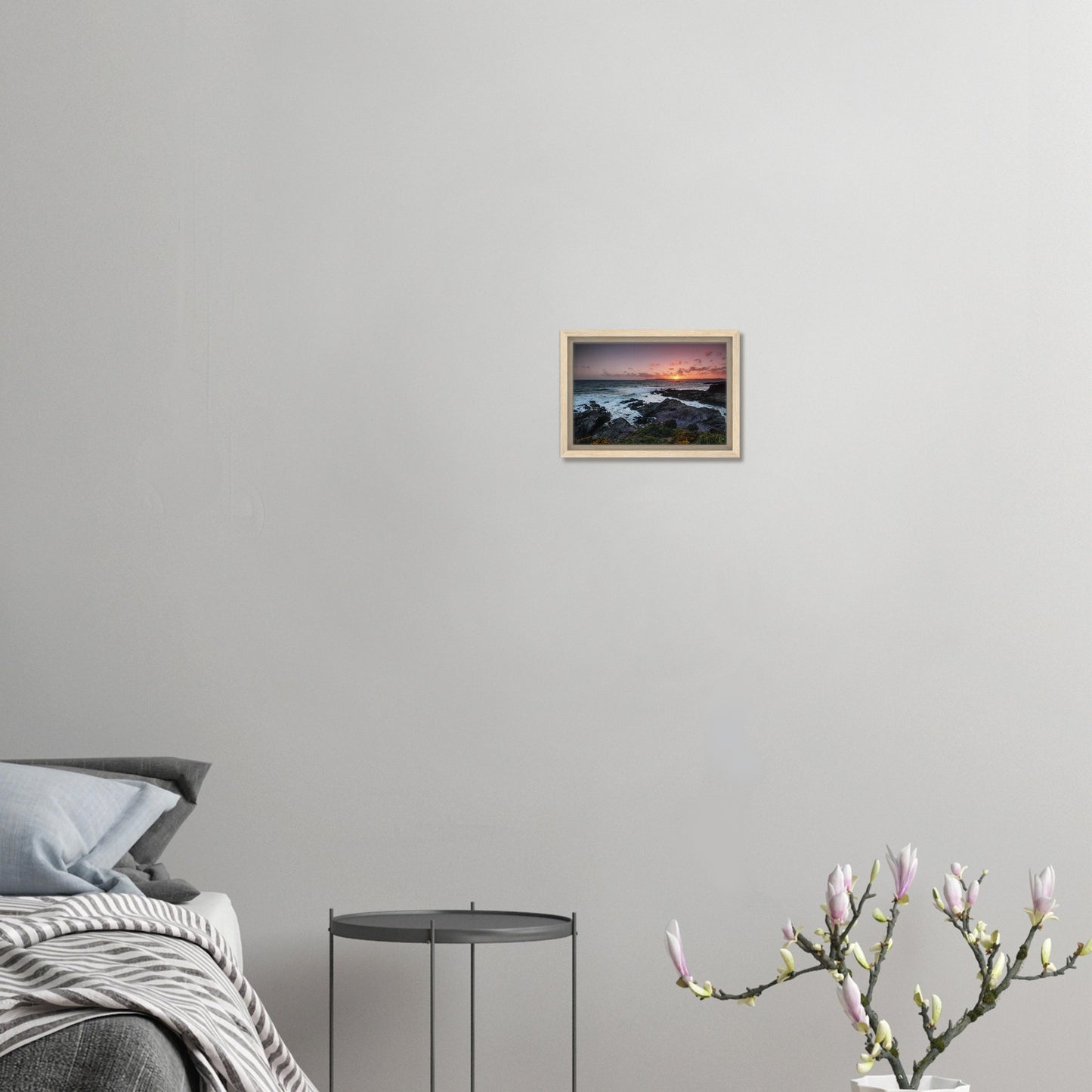 Soft glow of sunset over sea and rocks in Heybrook Bay print