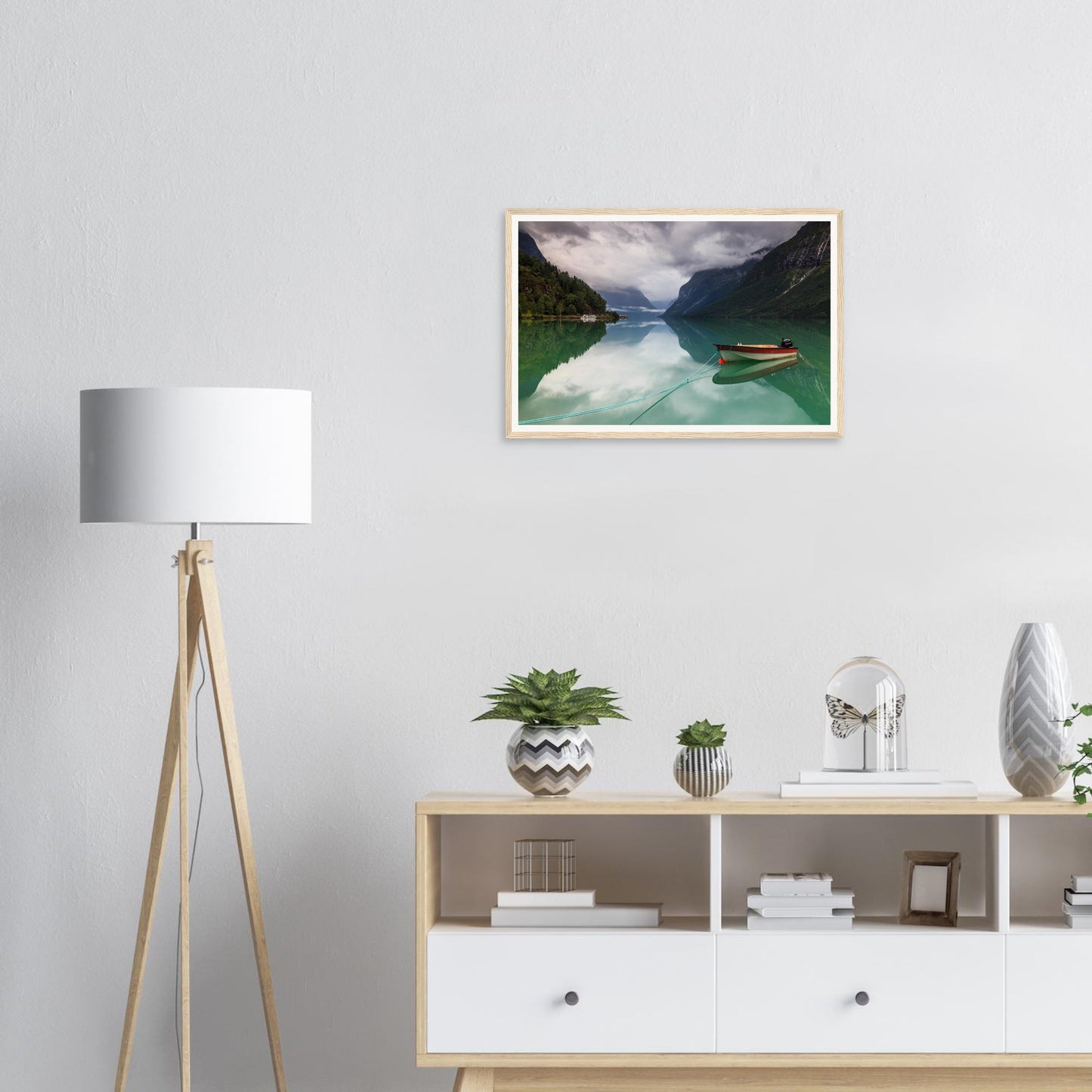 Scenic framed wall art of Lovatnet Lake emerald water