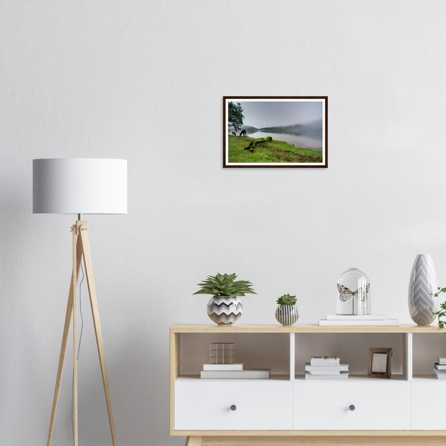 Serene Dartmoor National Park framed art of misty reservoir