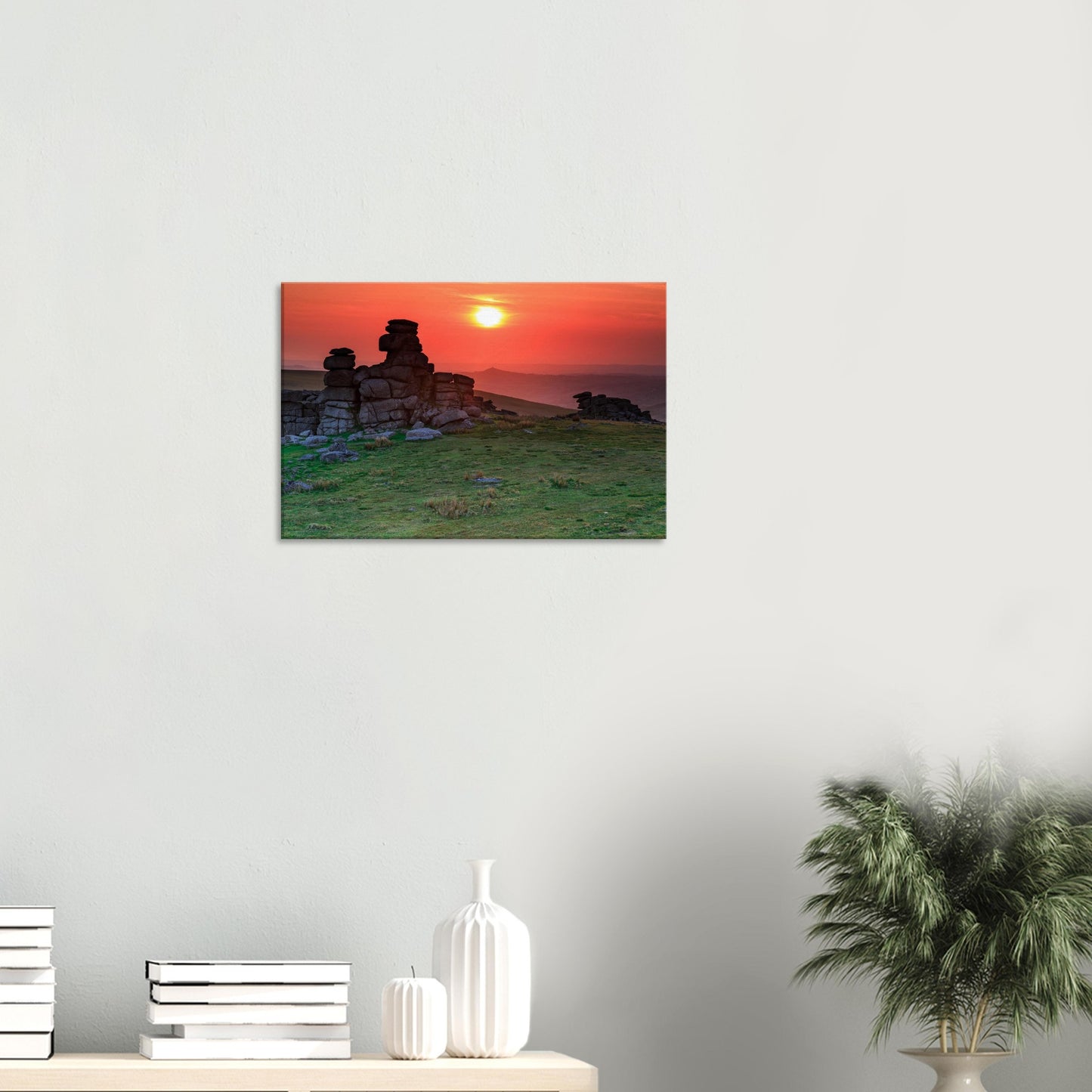 Silhouetted Great Staple Tor rocks against glowing sunset, Dartmoor landscape print.