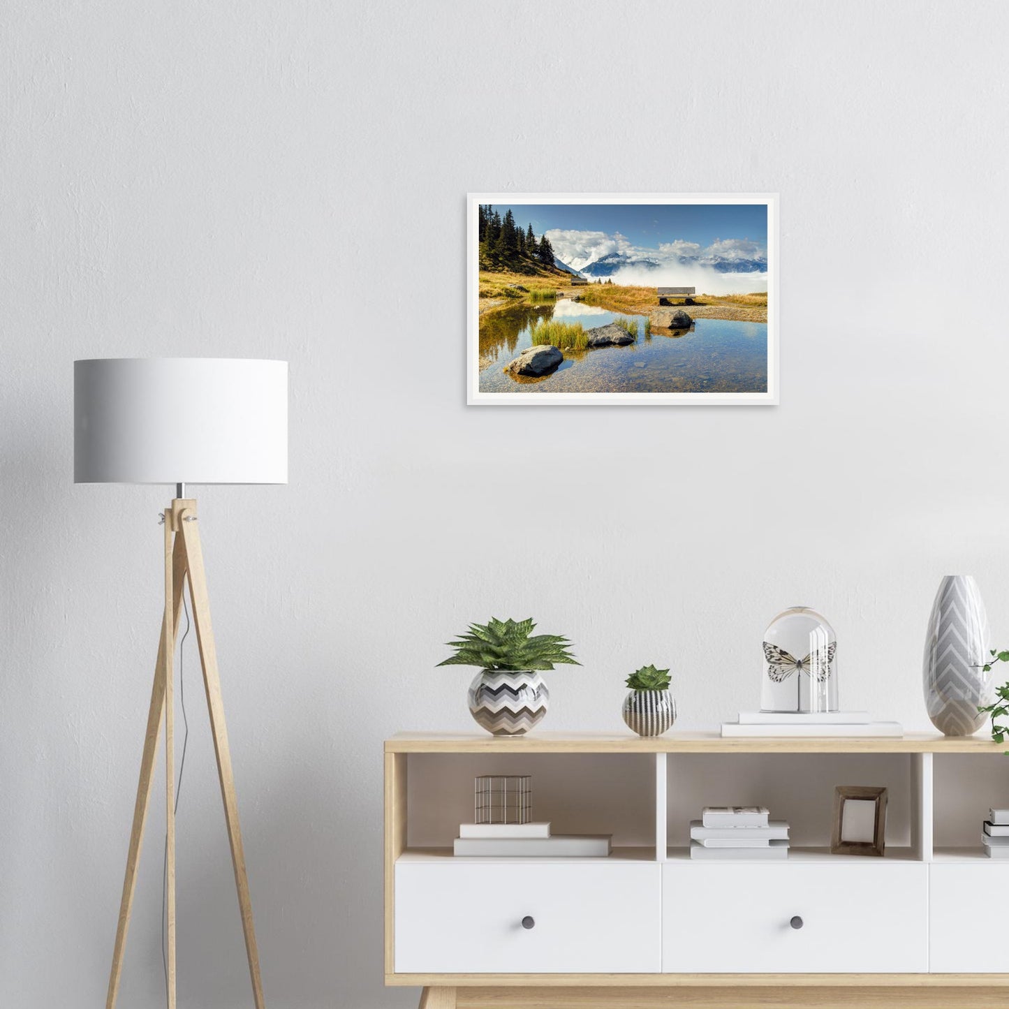 Alpine pond and bench scene in Panoramabahn Austria framed wall art