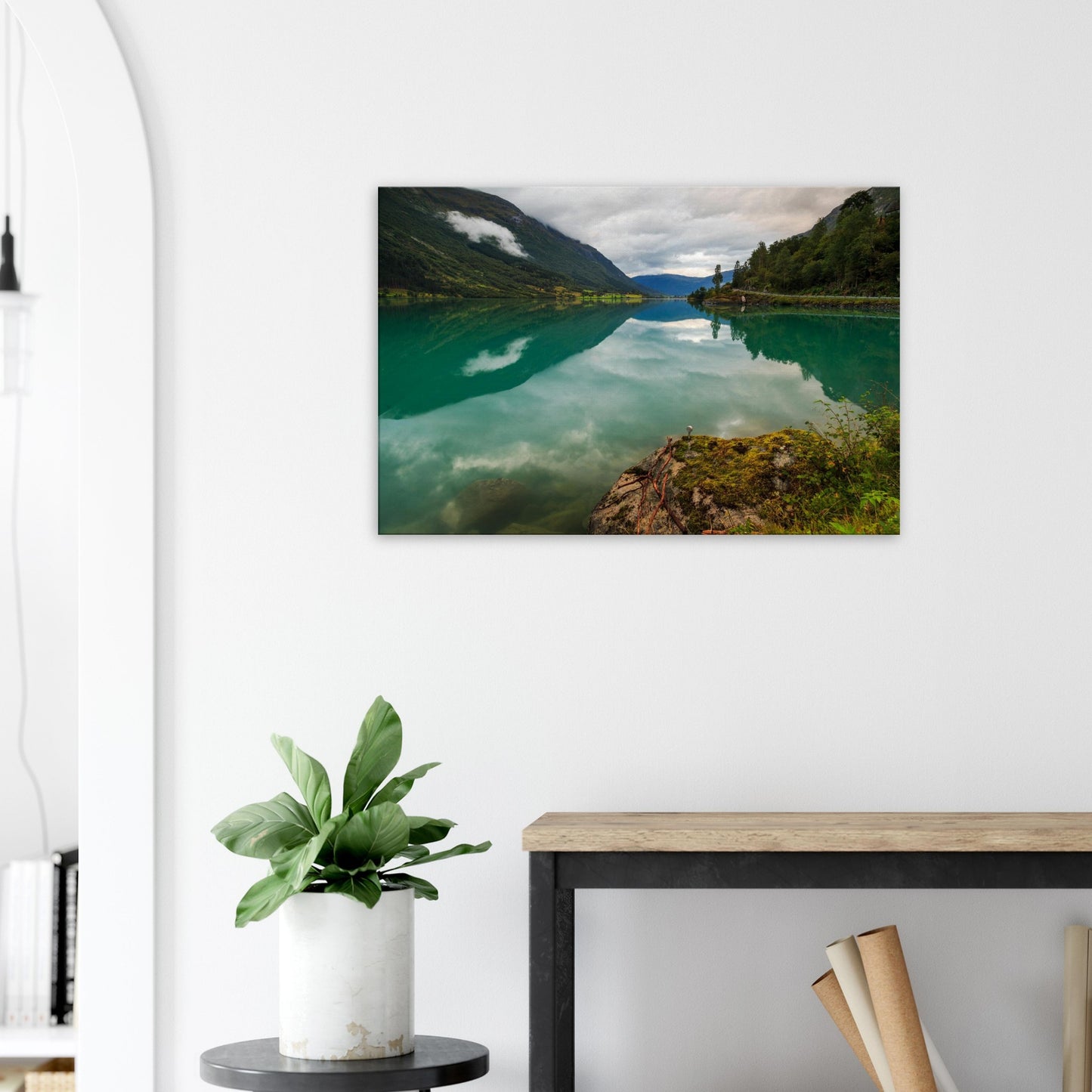 Lush mountain slopes reflecting on calm lake surface, Oldevatnet canvas art.