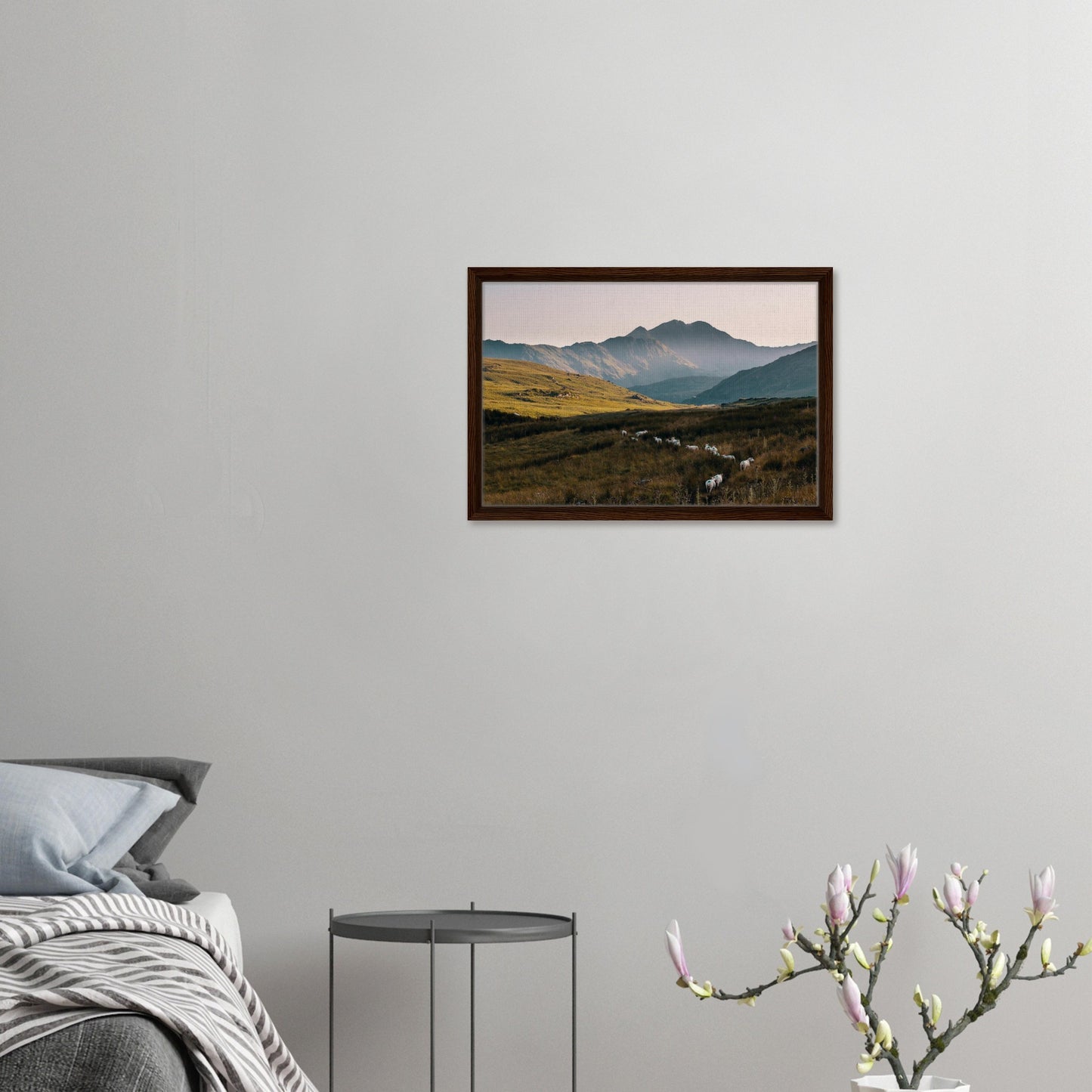Rolling hills and sheep in golden light framed print